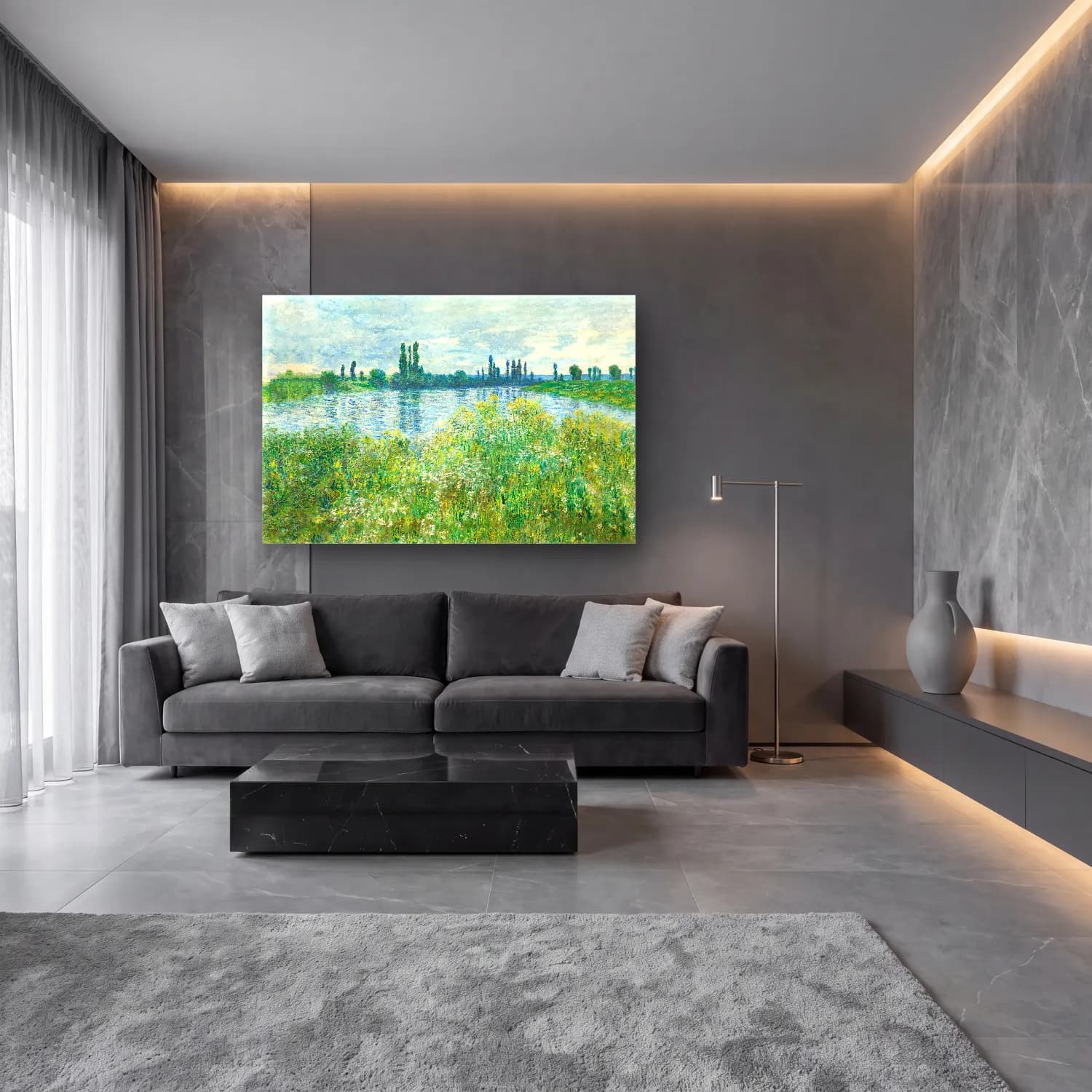 Claude Monet – Kırda Nehir – Yeşil Tonlar cam tablo — lüks salon duvarında
