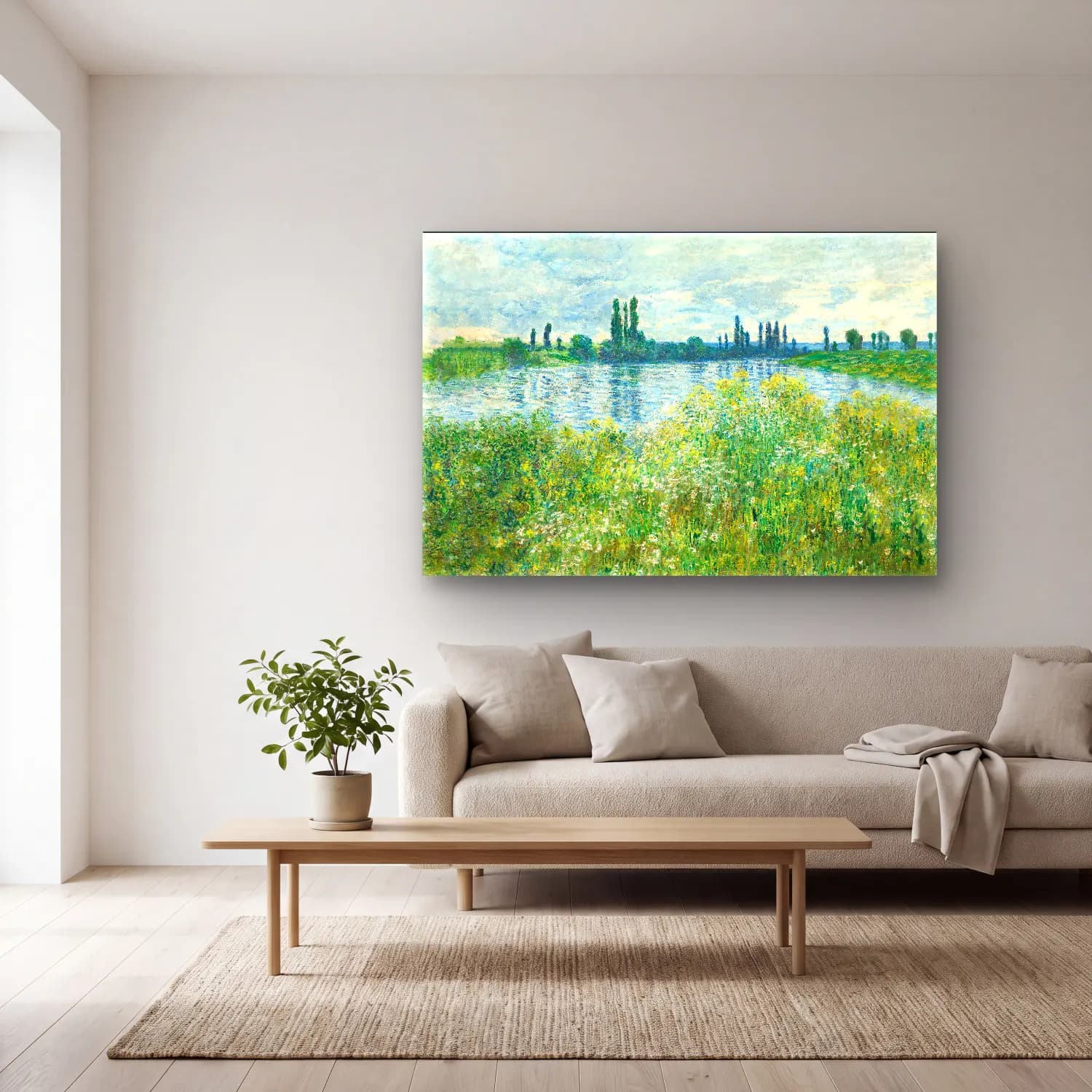 Claude Monet – Kırda Nehir – Yeşil Tonlar cam tablo — açık renk salonda