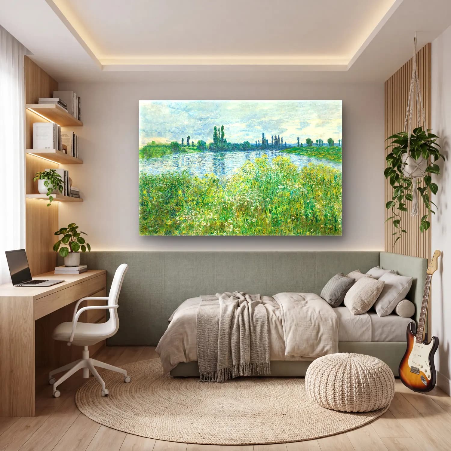 Claude Monet – Kırda Nehir – Yeşil Tonlar cam tablo — genç odasında