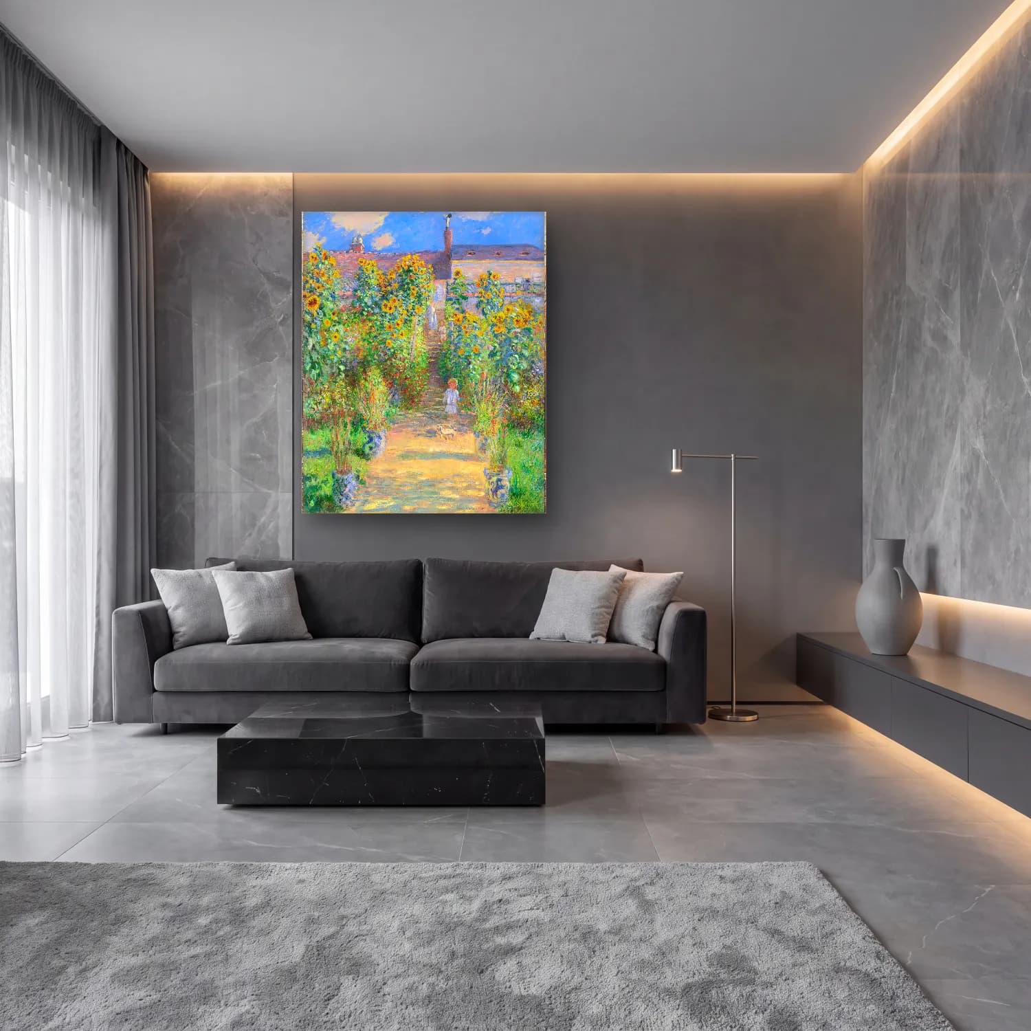 Claude Monet – Çiçek Bahçesi – Sarı Tonlar cam tablo — lüks salon duvarında