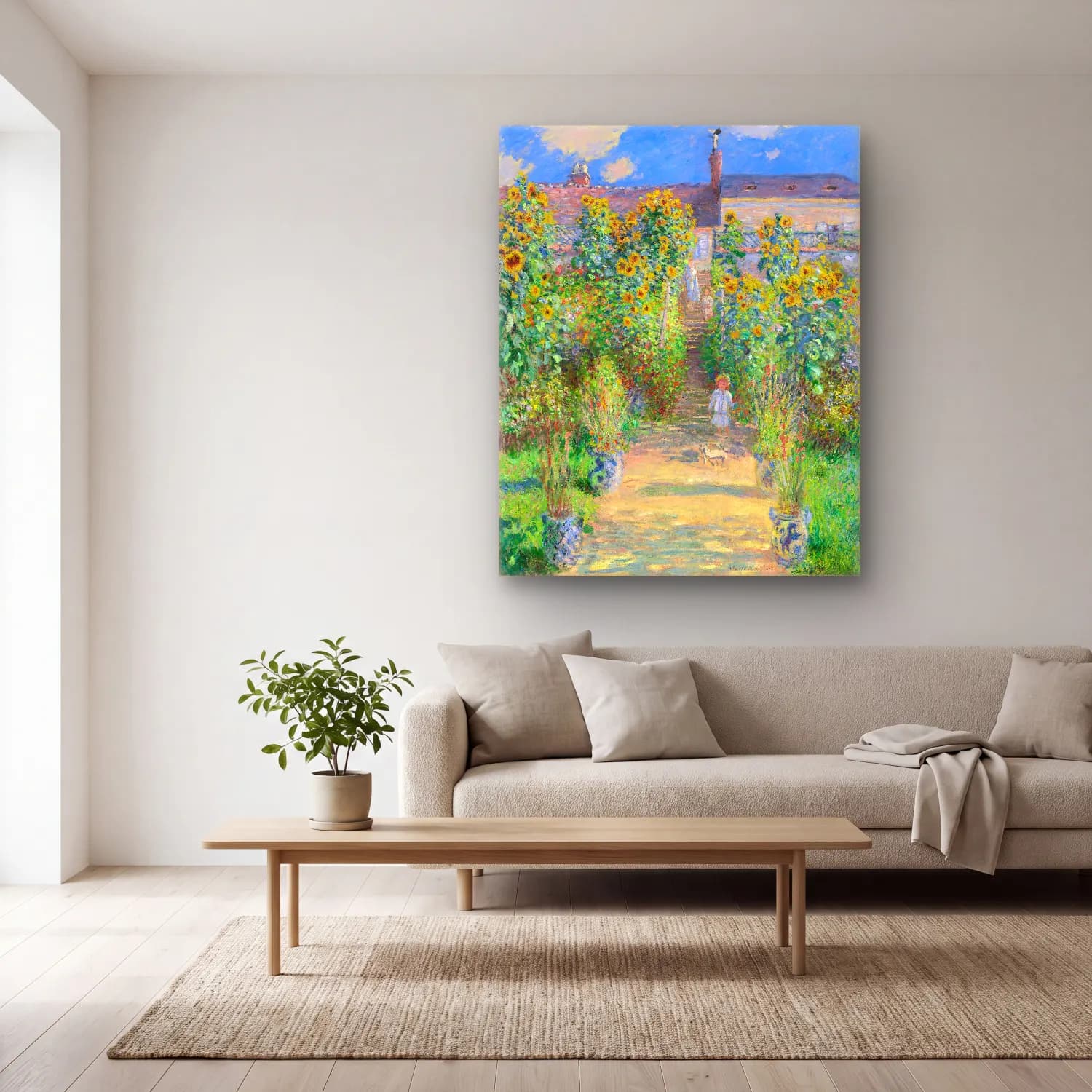 Claude Monet – Çiçek Bahçesi – Sarı Tonlar cam tablo — açık renk salonda