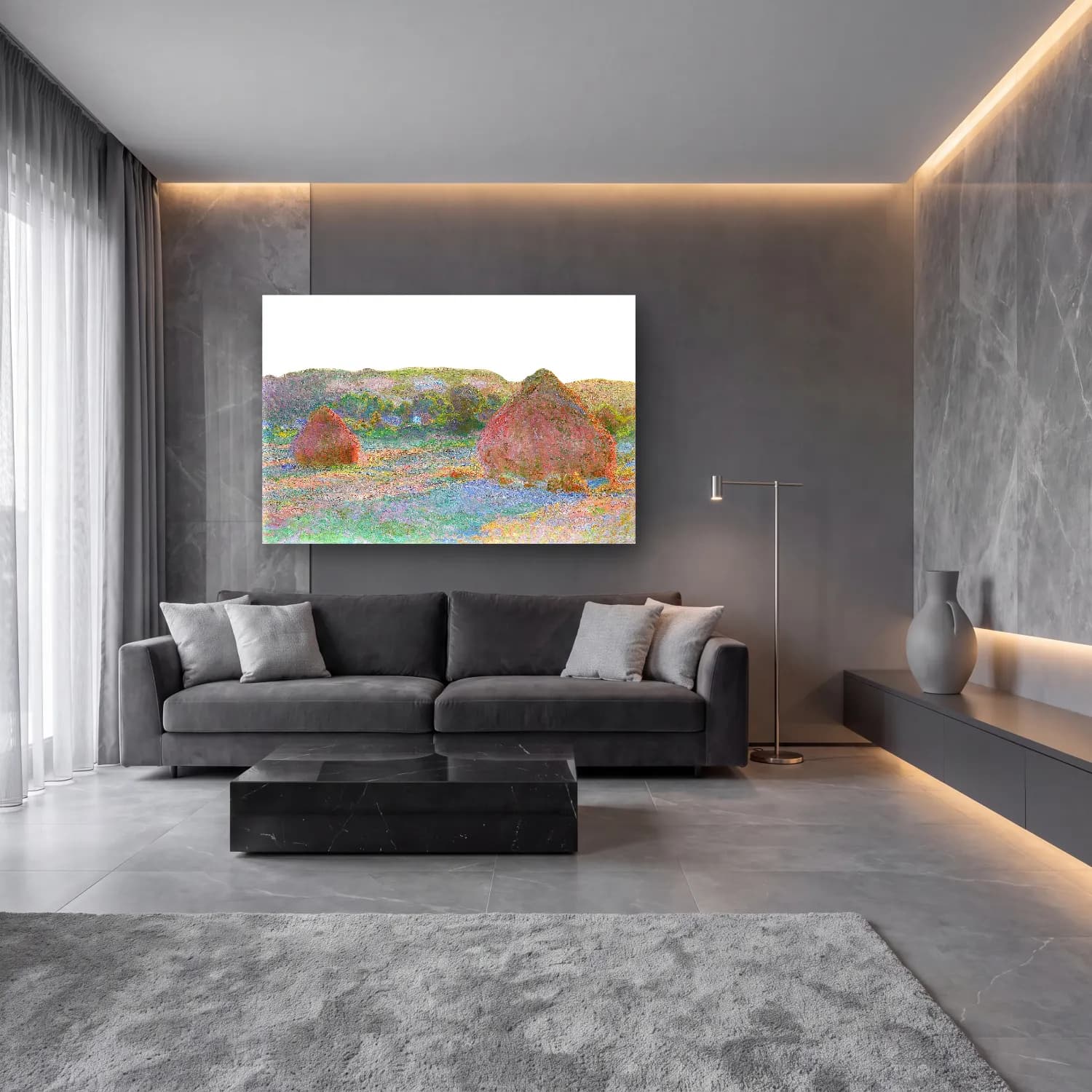 Claude Monet – Yeşil Tepeler – Pembe Tonlar cam tablo — lüks salon duvarında
