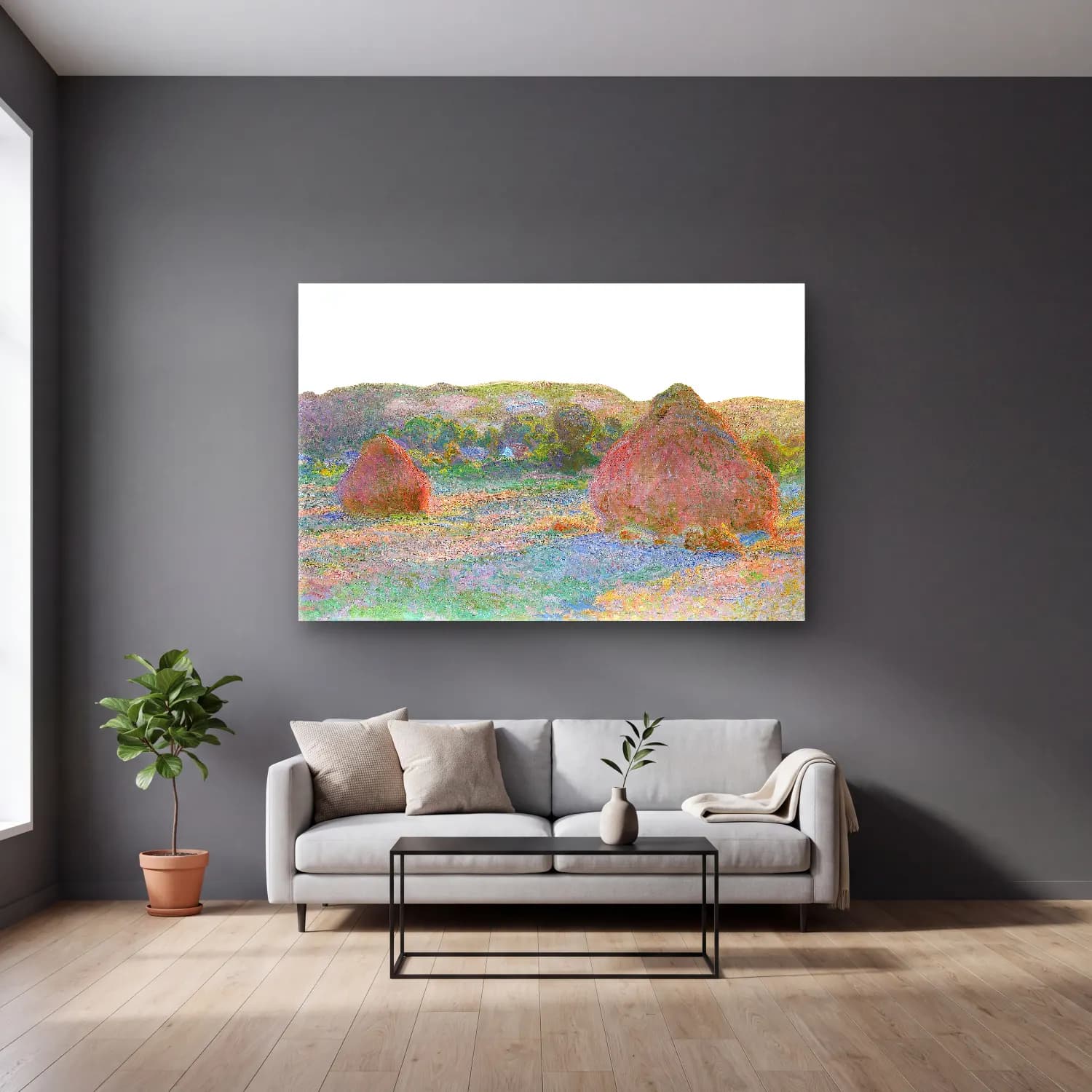 Claude Monet – Yeşil Tepeler – Pembe Tonlar cam tablo — gri duvarlı salonda