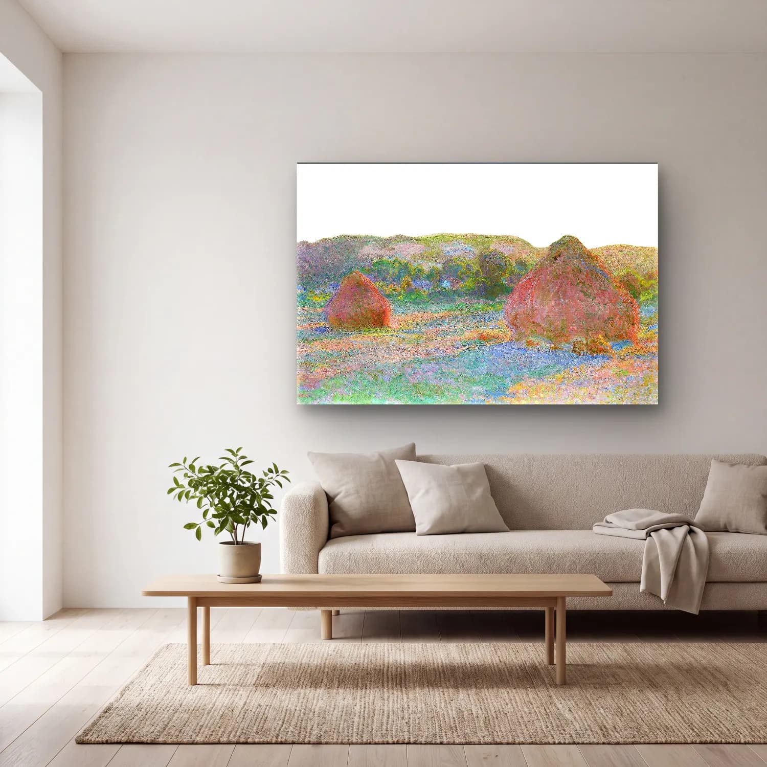 Claude Monet – Yeşil Tepeler – Pembe Tonlar cam tablo — açık renk salonda