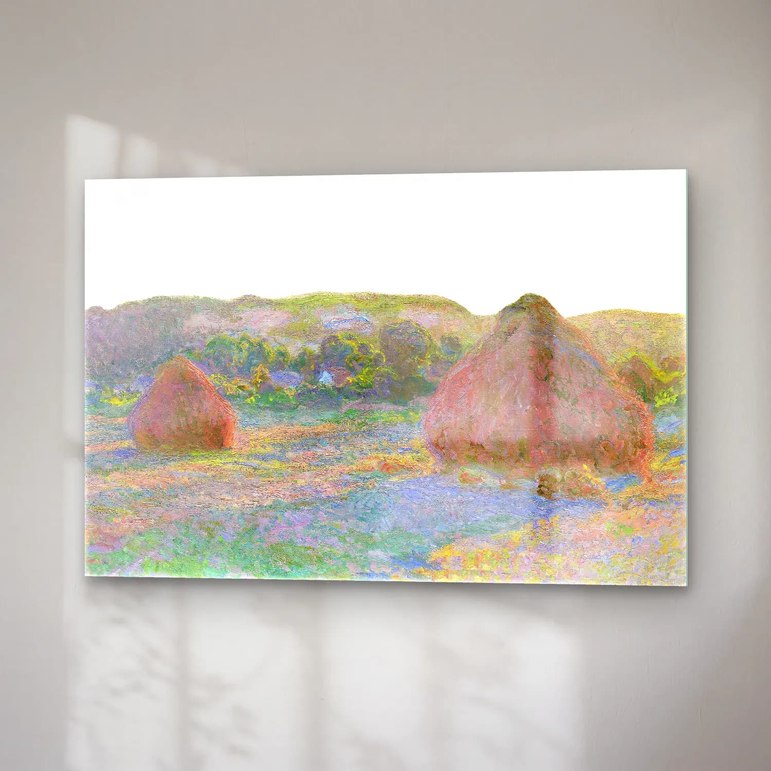 Claude Monet – Yeşil Tepeler – Pembe Tonlar cam tablo — sağ açıdan görünüm