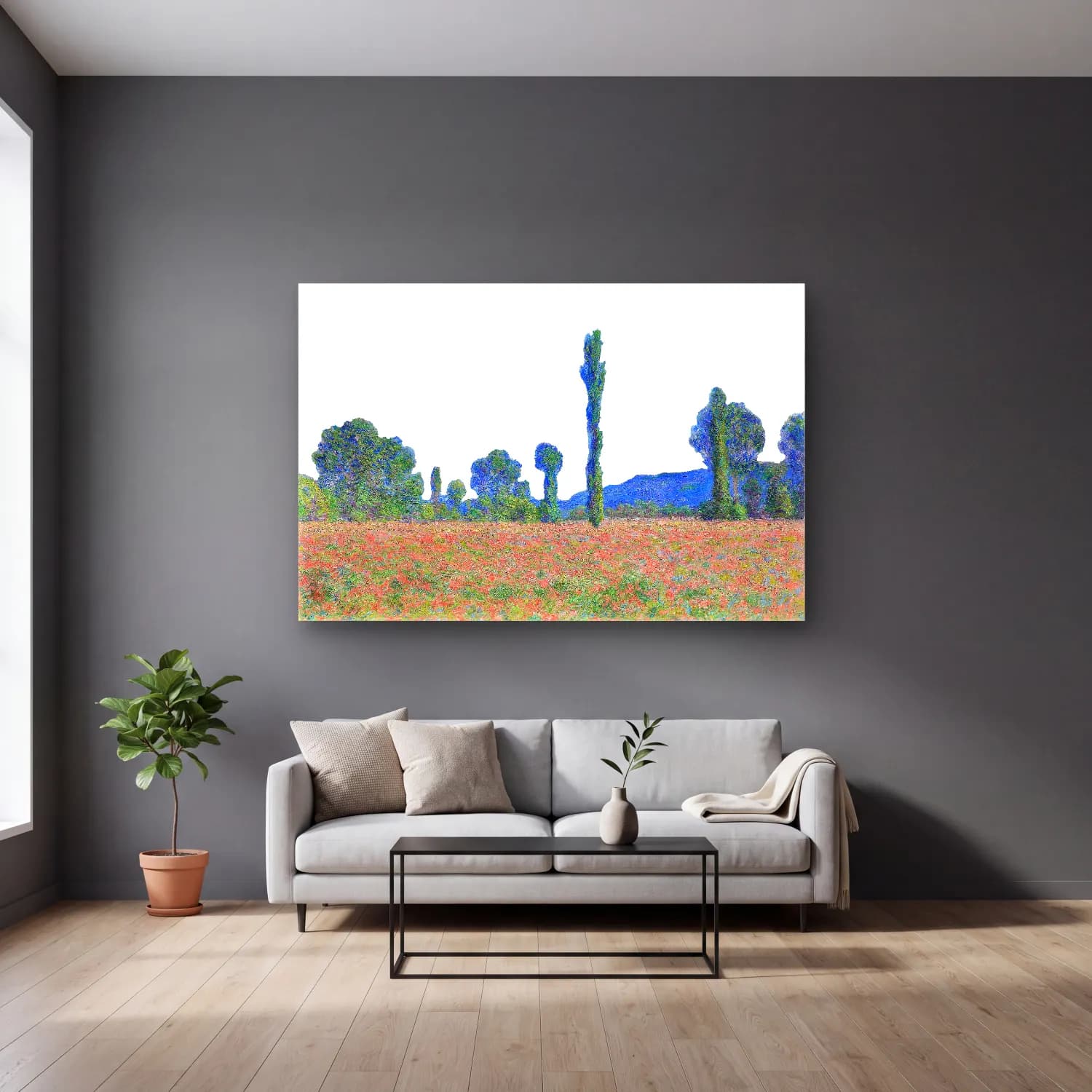 Claude Monet – Gelincik Tarlası – Kırmızı Tonlar cam tablo — gri duvarlı salonda