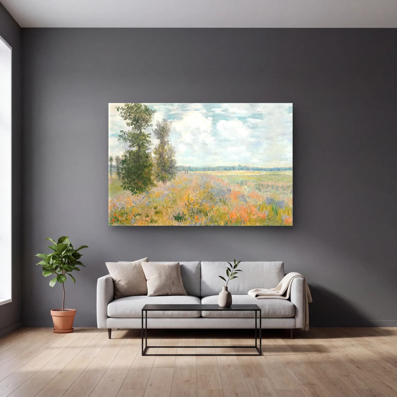 Claude Monet – Gelincik Tarlası – Pastel Tonlar cam tablo — gri duvarlı salonda