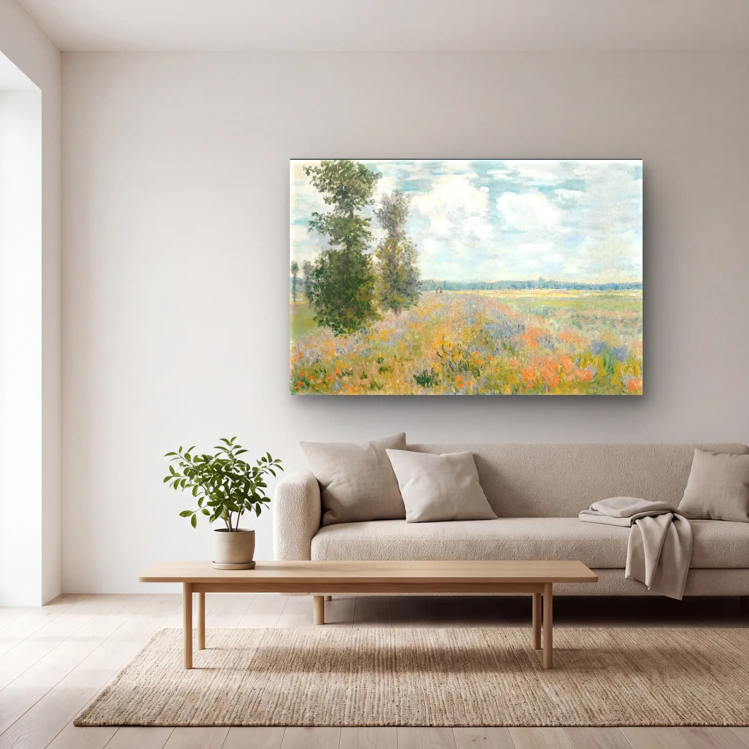 Claude Monet – Gelincik Tarlası – Pastel Tonlar cam tablo — açık renk salonda