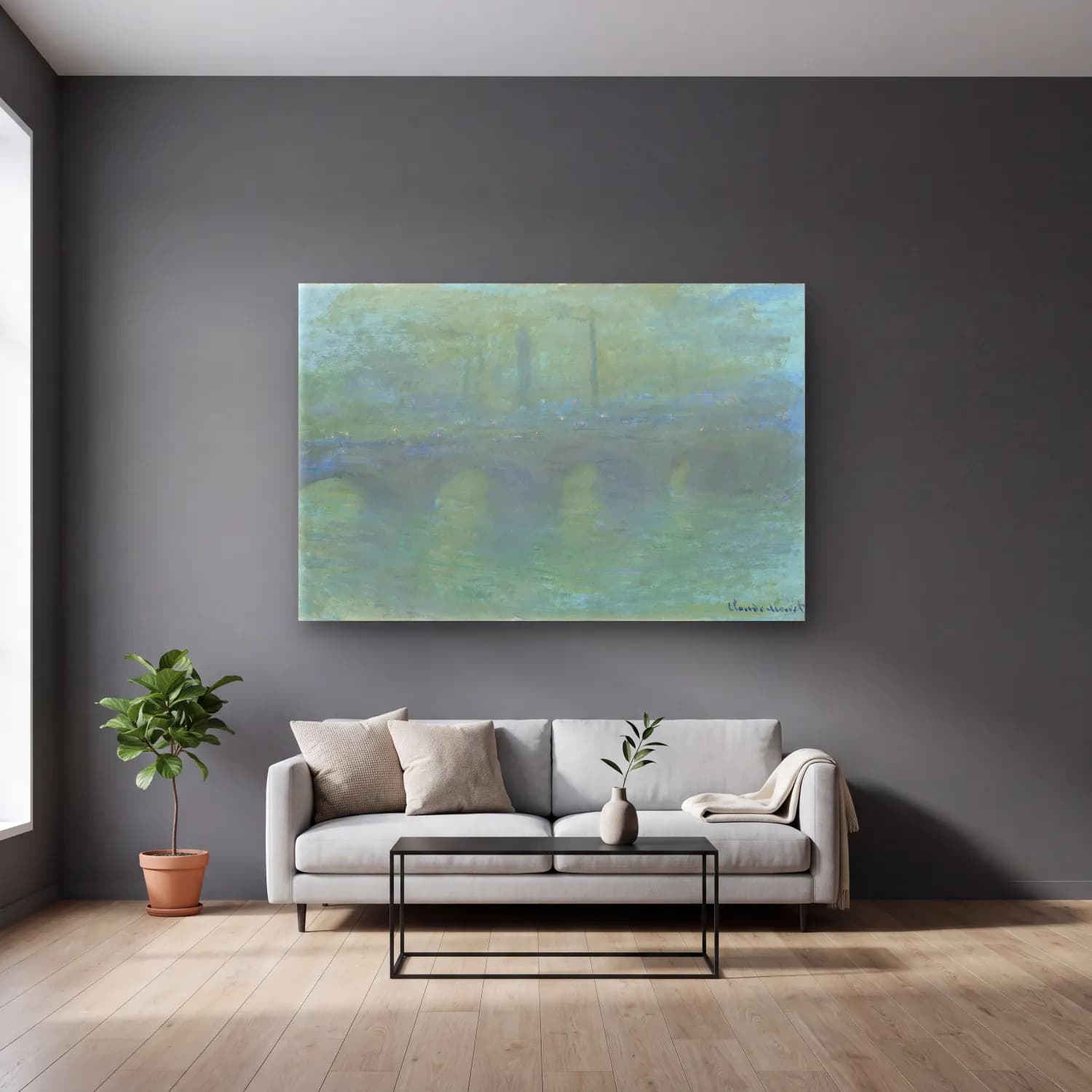 Claude Monet – Köprü – Yeşil Tonlar cam tablo — gri duvarlı salonda