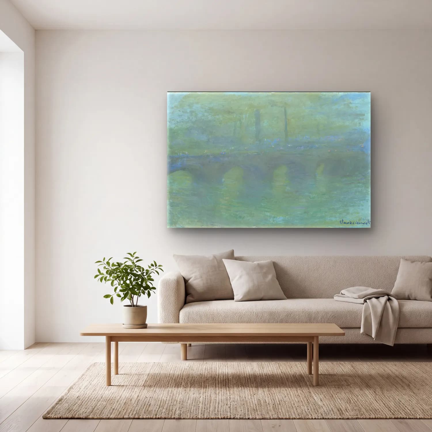Claude Monet – Köprü – Yeşil Tonlar cam tablo — açık renk salonda