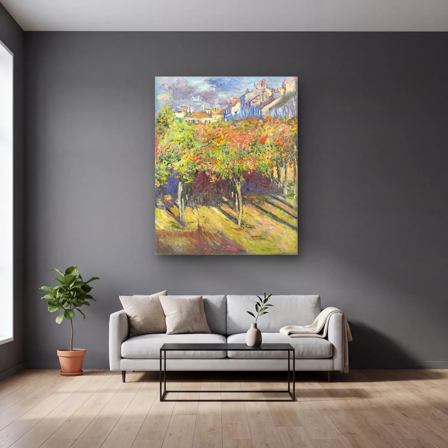 Claude Monet – Çiçek Bahçesi – Pastel Tonlar cam tablo — gri duvarlı salonda