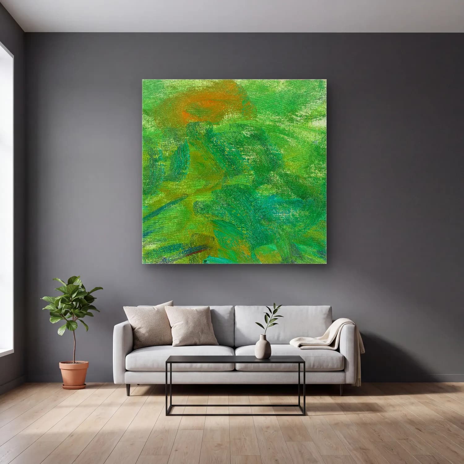Claude Monet – Renk Alanları – Yeşil Tonlar cam tablo — gri duvarlı salonda
