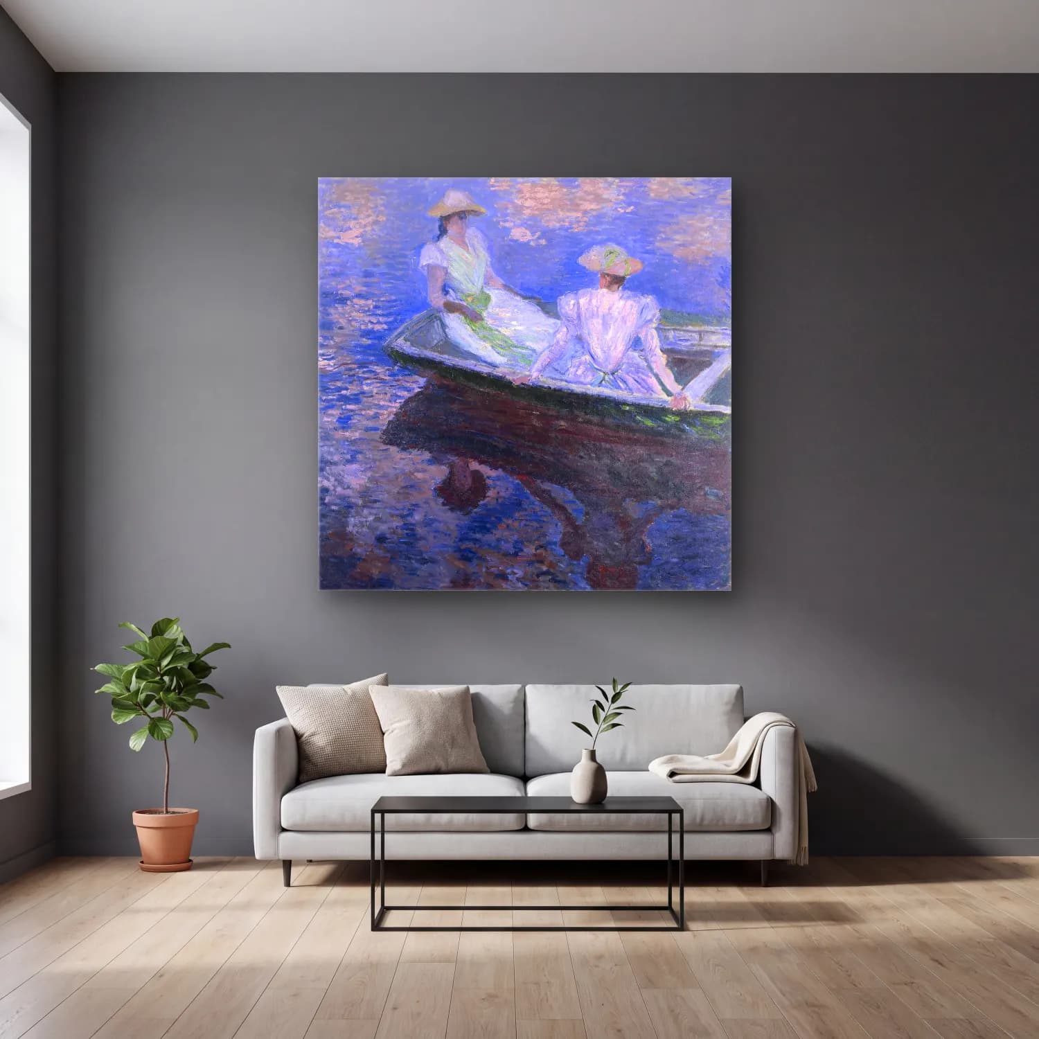 Claude Monet – Nilüfer Göleti – Mor Tonlar cam tablo — gri duvarlı salonda