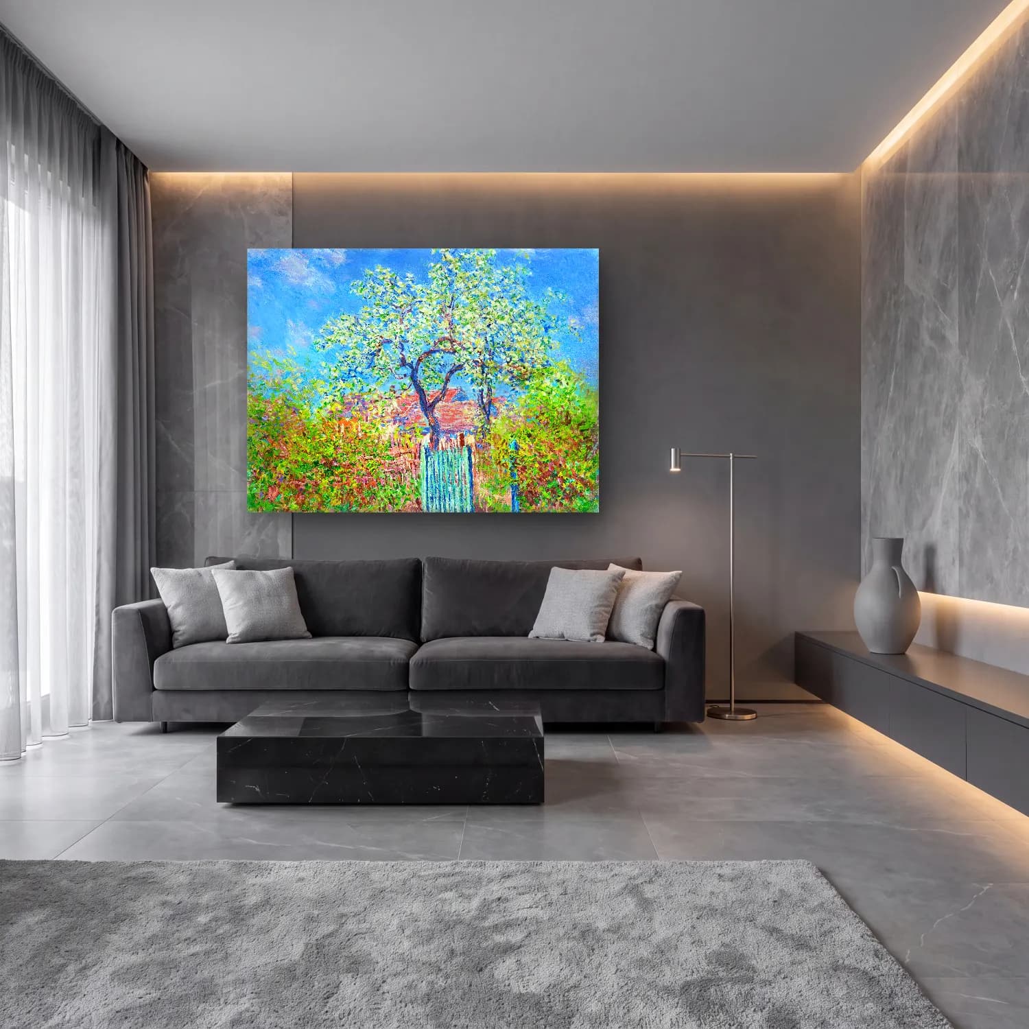 Claude Monet – Bahçeli Kulübe cam tablo — lüks salon duvarında