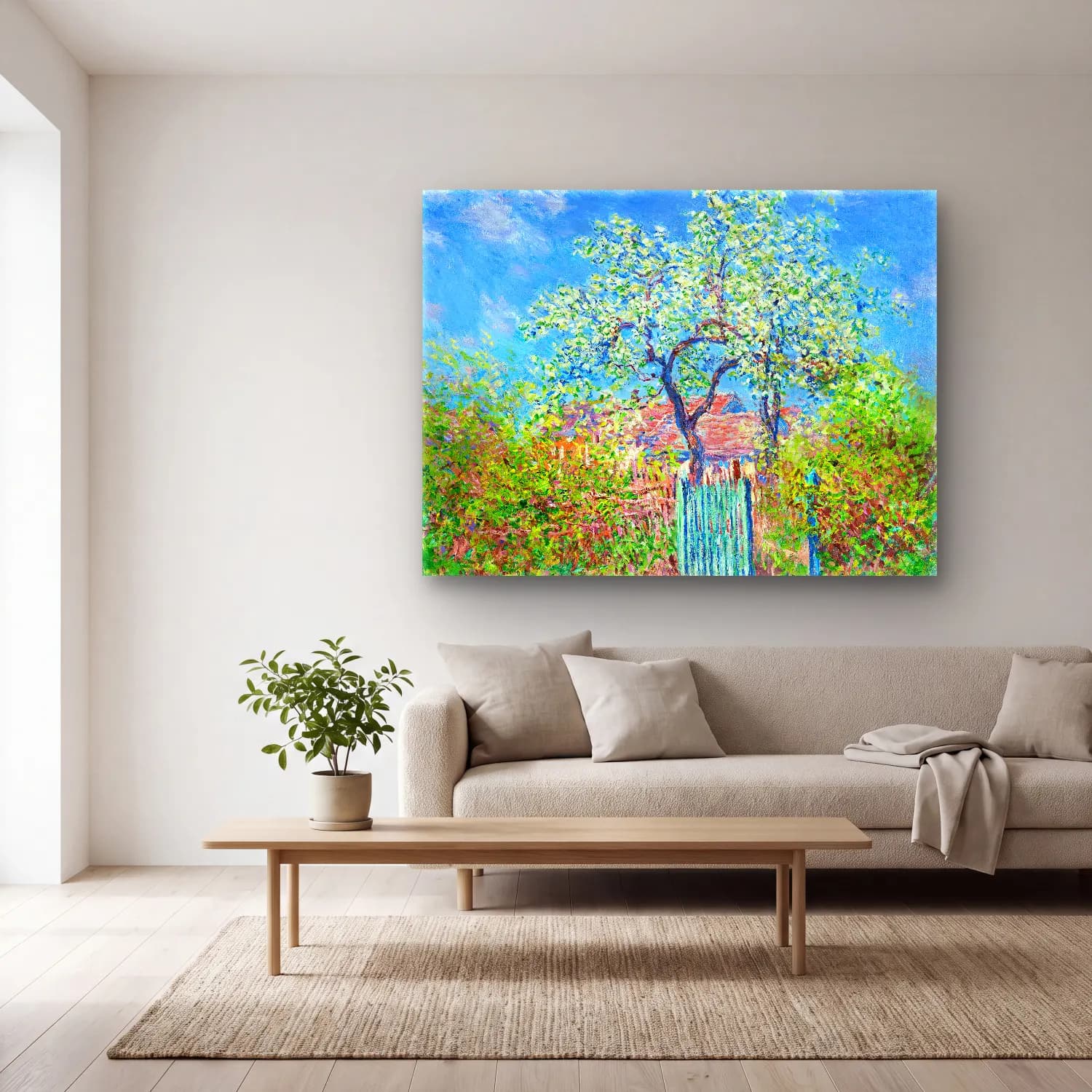 Claude Monet – Bahçeli Kulübe cam tablo — açık renk salonda