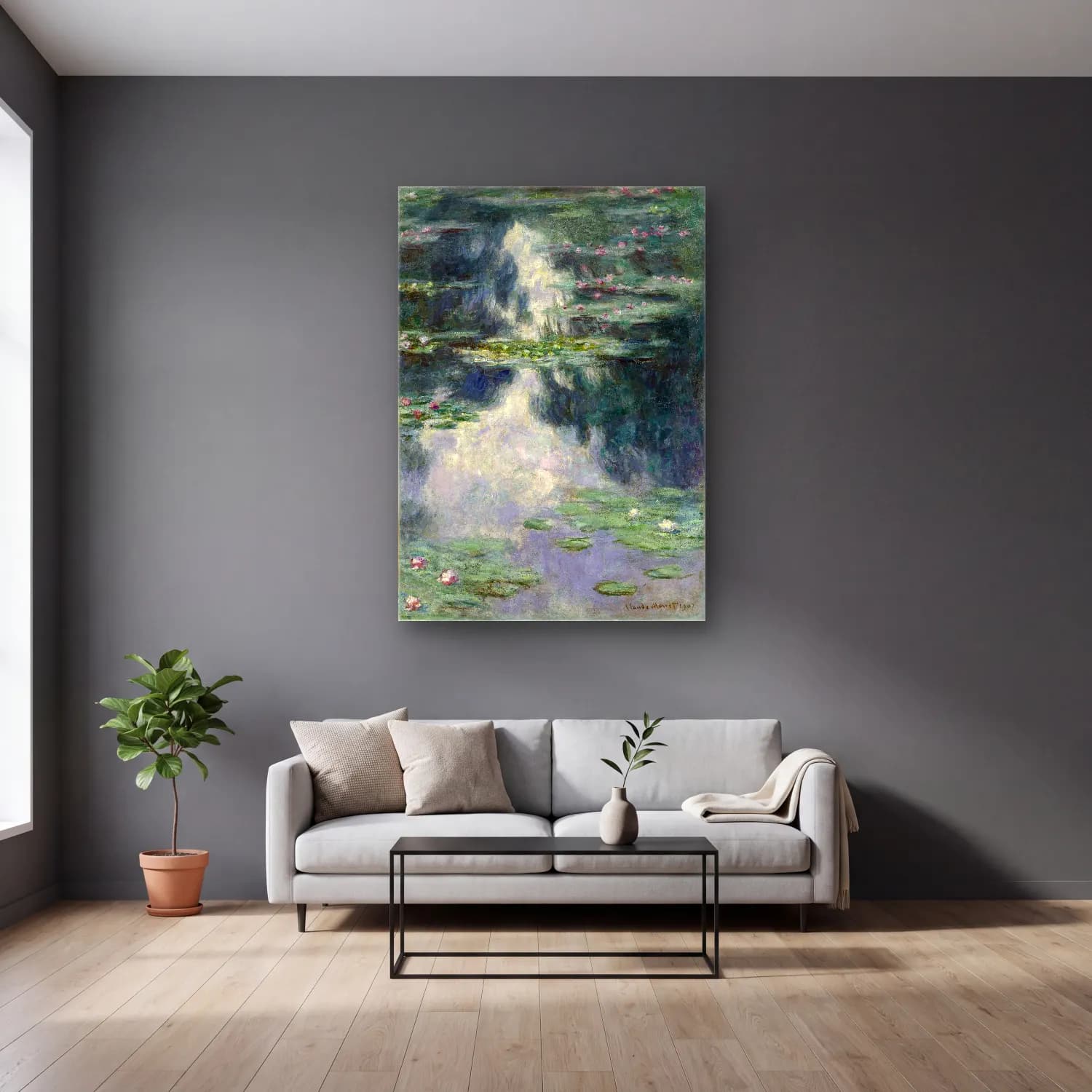 Claude Monet – Nilüfer Göleti No. 6 cam tablo — gri duvarlı salonda
