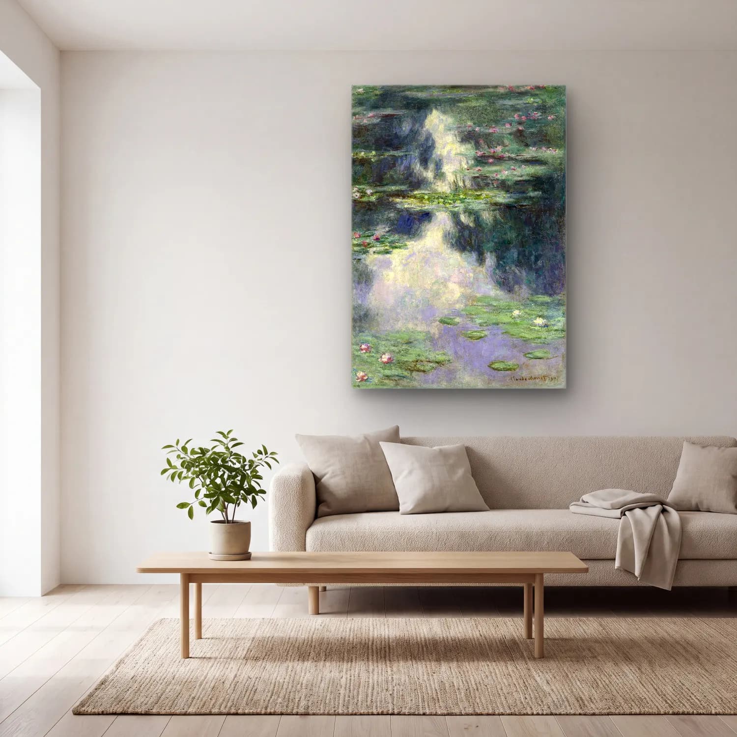 Claude Monet – Nilüfer Göleti No. 6 cam tablo — açık renk salonda