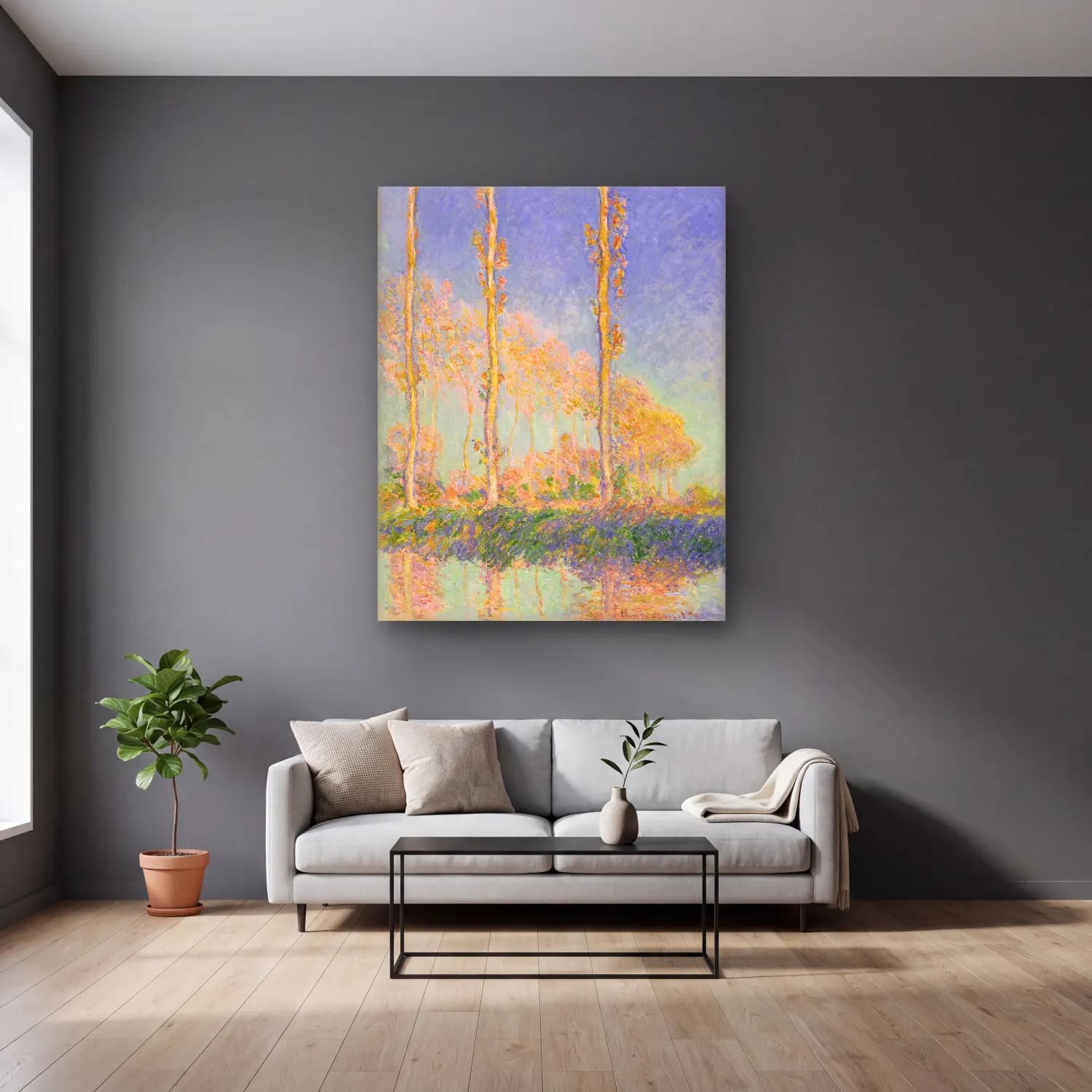 Claude Monet – Orman – Pembe Tonlar cam tablo — gri duvarlı salonda