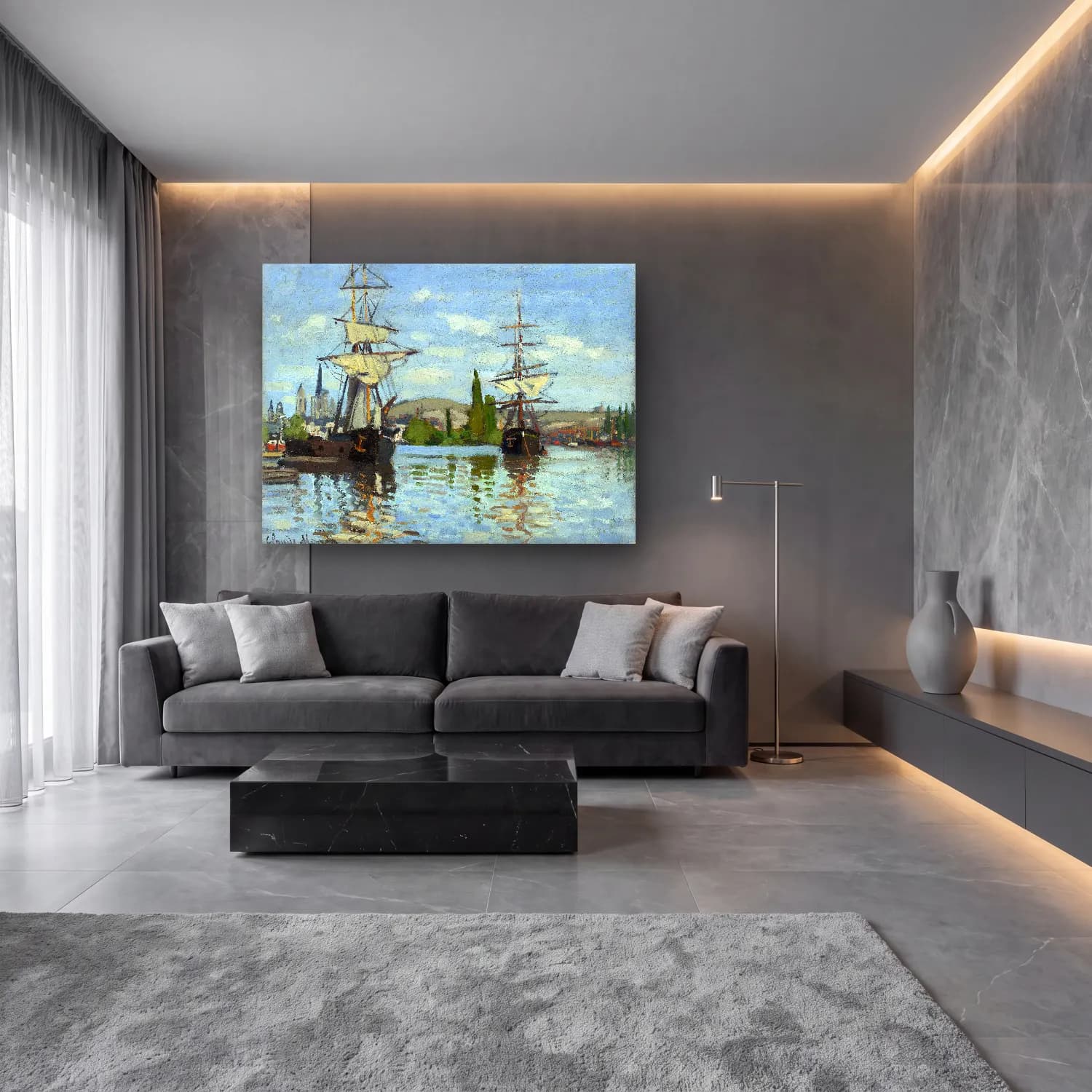 Claude Monet – Liman ve Tekneler – Siyah Beyaz Tonlar cam tablo — lüks salon duvarında