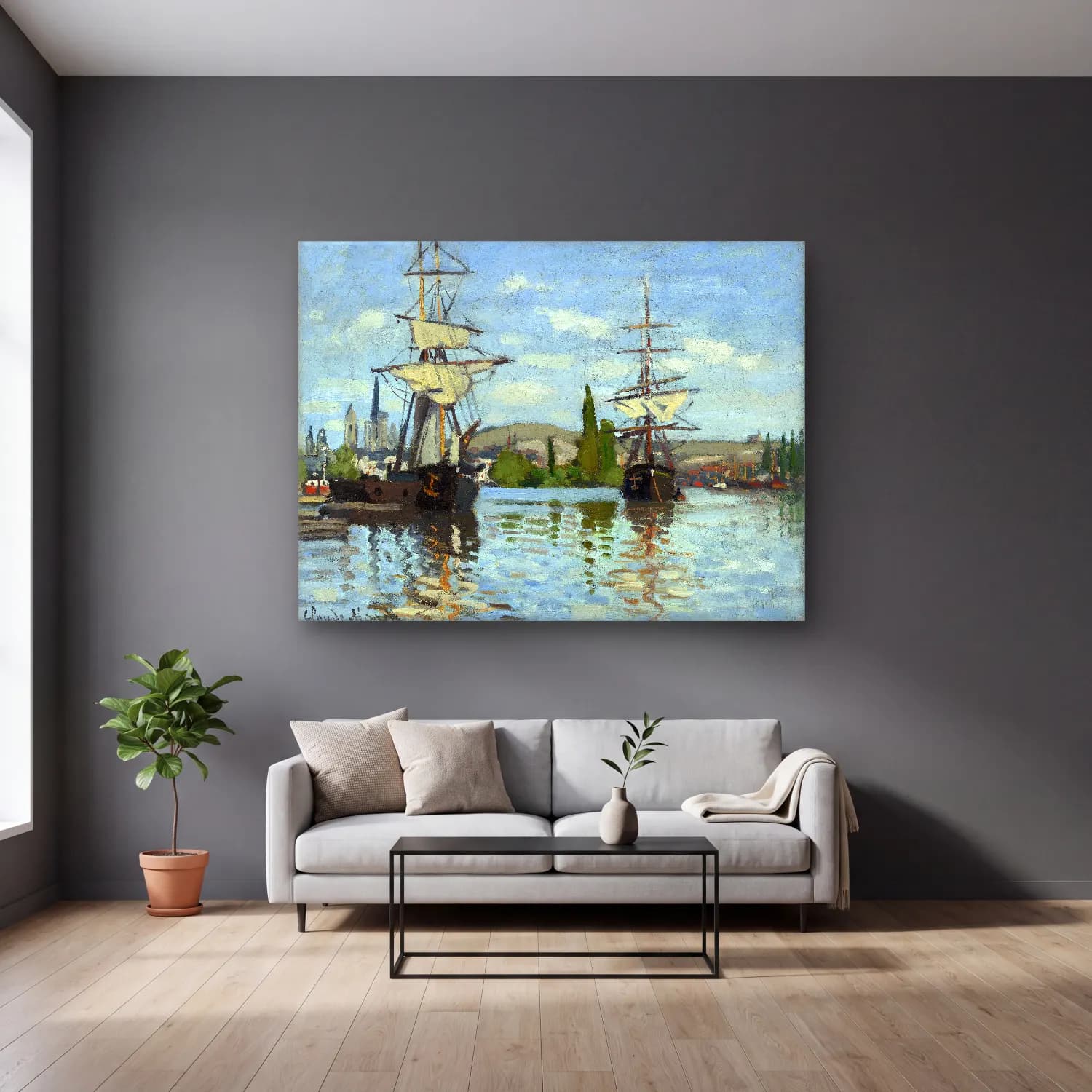 Claude Monet – Liman ve Tekneler – Siyah Beyaz Tonlar cam tablo — gri duvarlı salonda