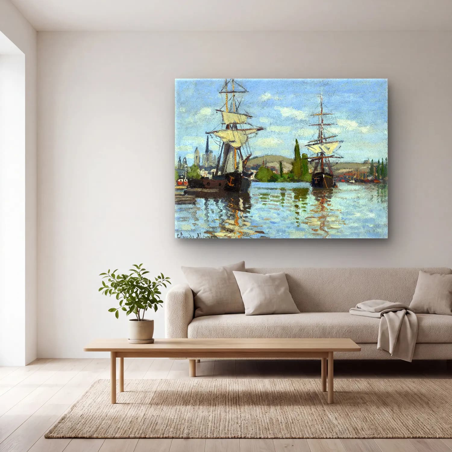 Claude Monet – Liman ve Tekneler – Siyah Beyaz Tonlar cam tablo — açık renk salonda