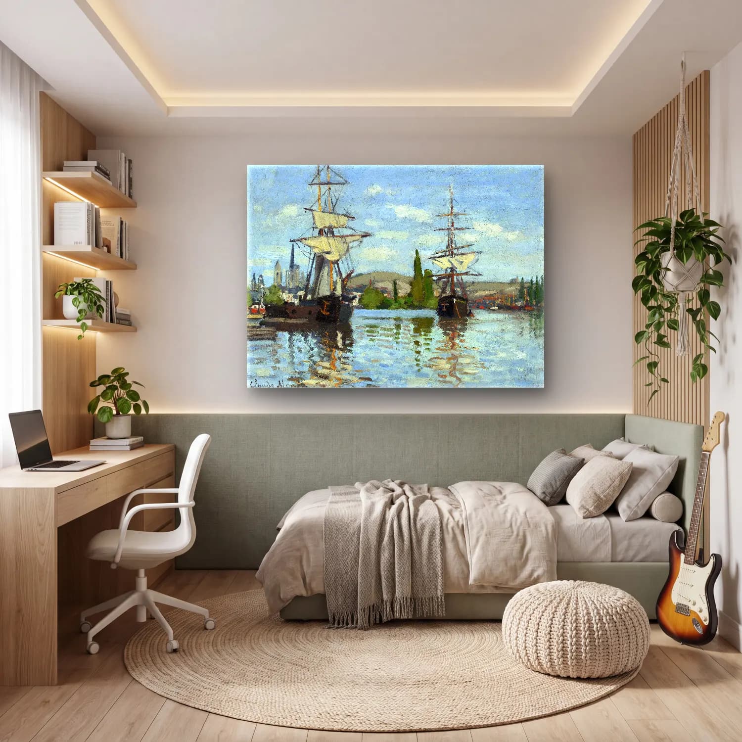 Claude Monet – Liman ve Tekneler – Siyah Beyaz Tonlar cam tablo — genç odasında
