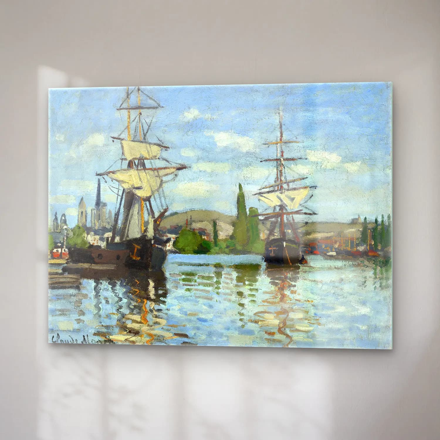 Claude Monet – Liman ve Tekneler – Siyah Beyaz Tonlar cam tablo — sağ açıdan görünüm