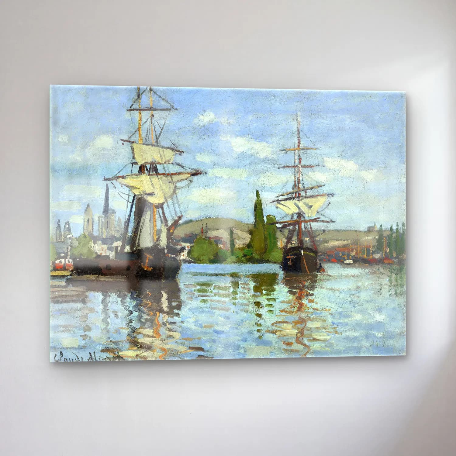 Claude Monet – Liman ve Tekneler – Siyah Beyaz Tonlar cam tablo — sol açıdan görünüm