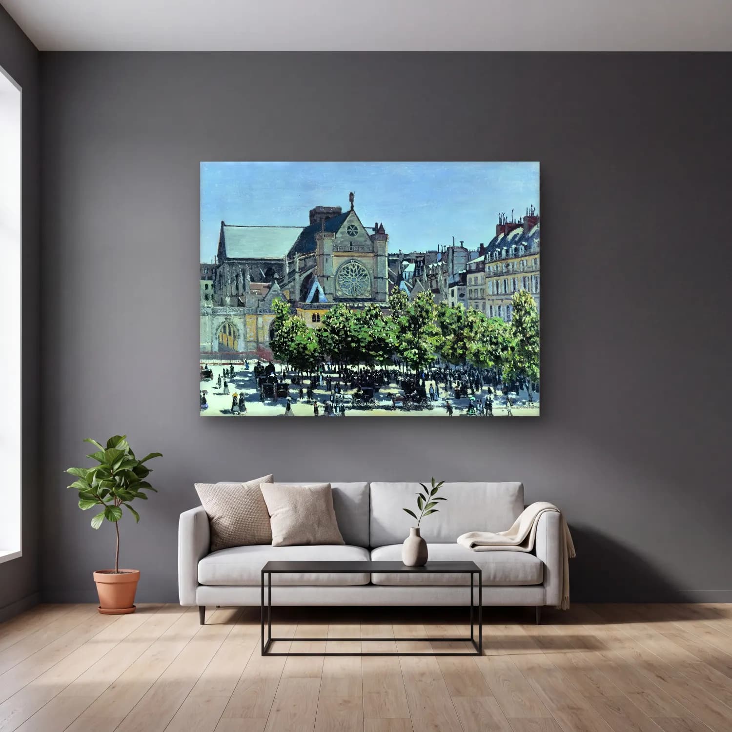 Claude Monet – Katedral – Pastel Tonlar cam tablo — gri duvarlı salonda