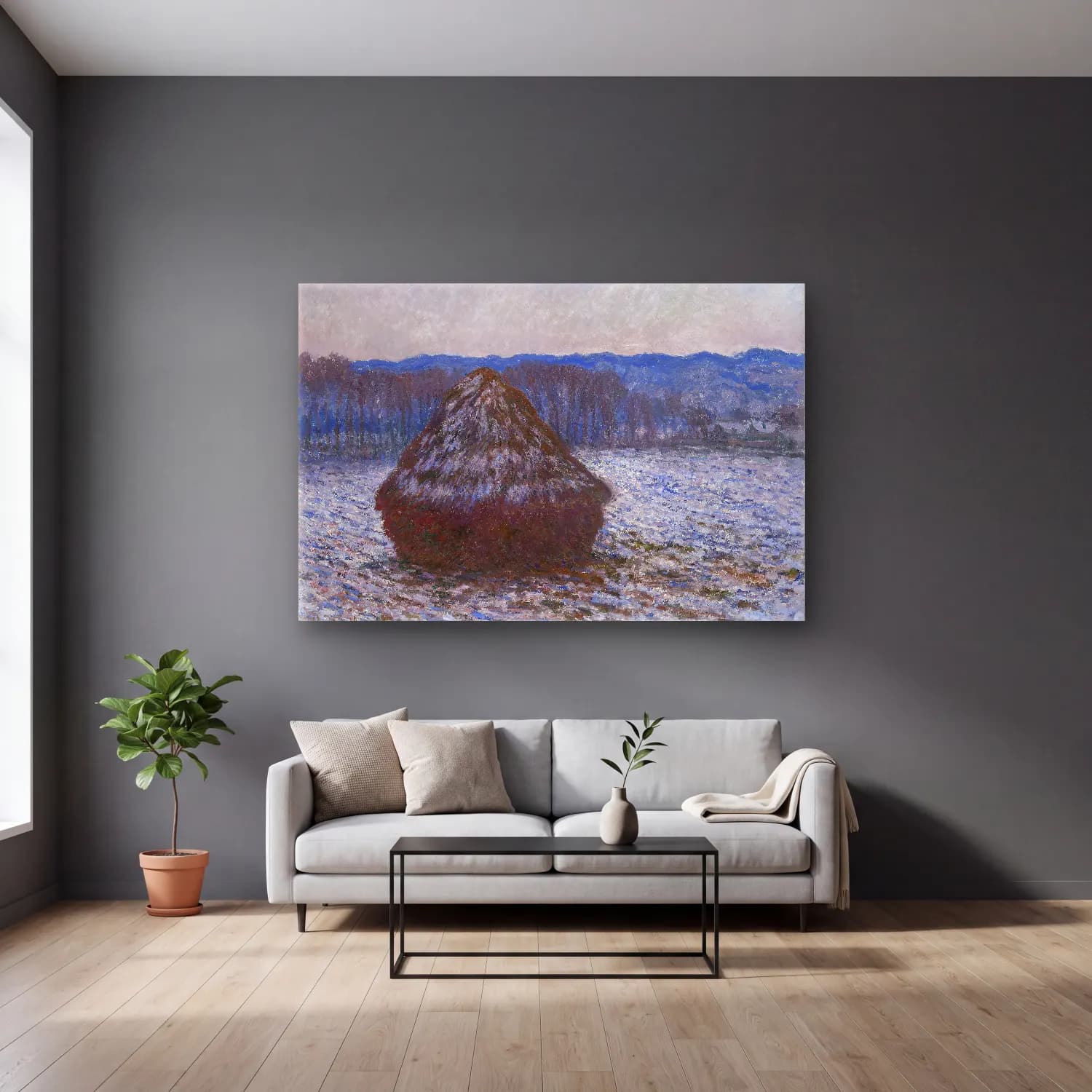 Claude Monet – Karlı Kış Manzarası No. 5 cam tablo — gri duvarlı salonda