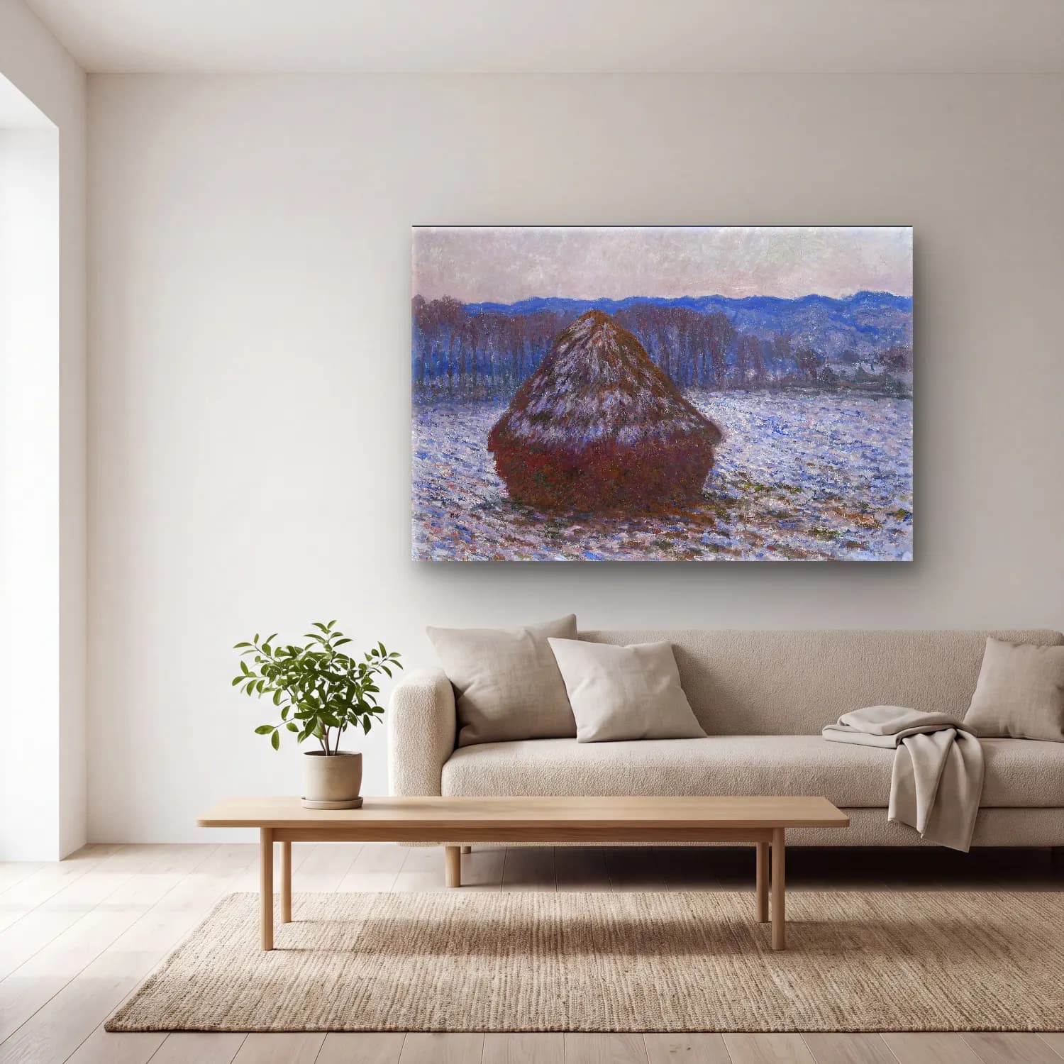 Claude Monet – Karlı Kış Manzarası No. 5 cam tablo — açık renk salonda