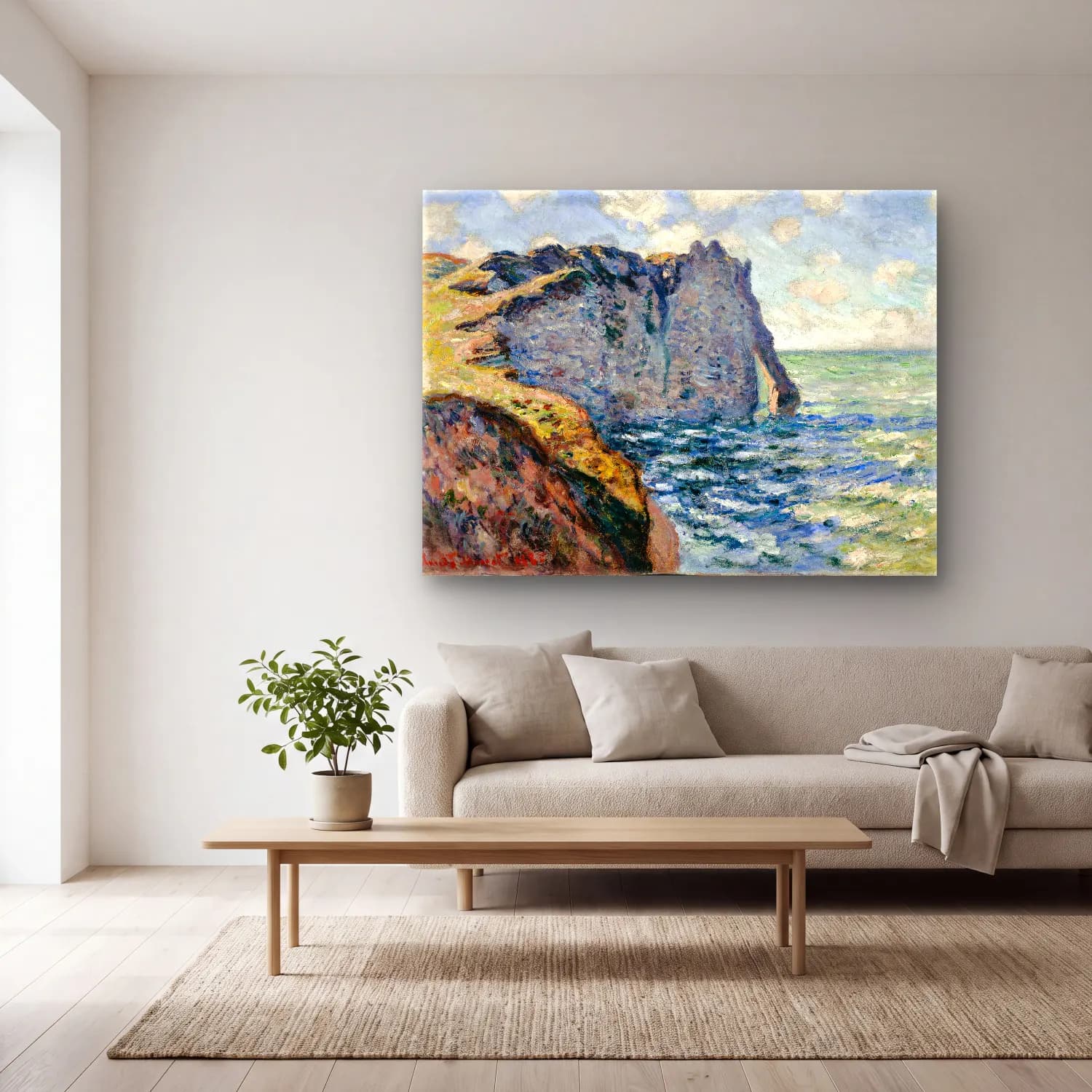 Claude Monet – Dalgalı Sahil – Mavi Tonlar cam tablo — açık renk salonda