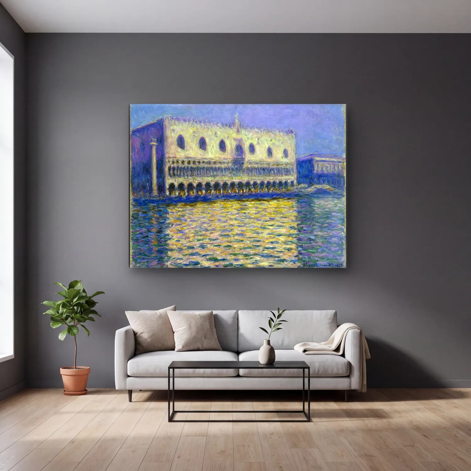 Claude Monet – Venedik Kanalları – Mor Tonlar cam tablo — gri duvarlı salonda