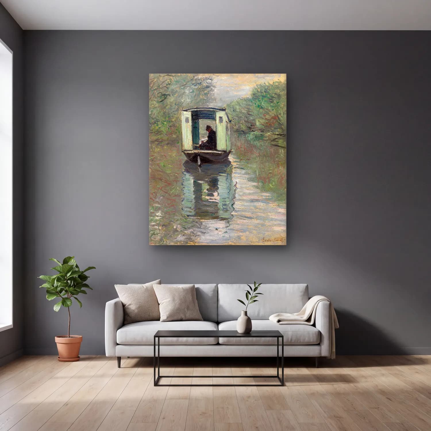 Claude Monet – Venedik Kanalları cam tablo — gri duvarlı salonda