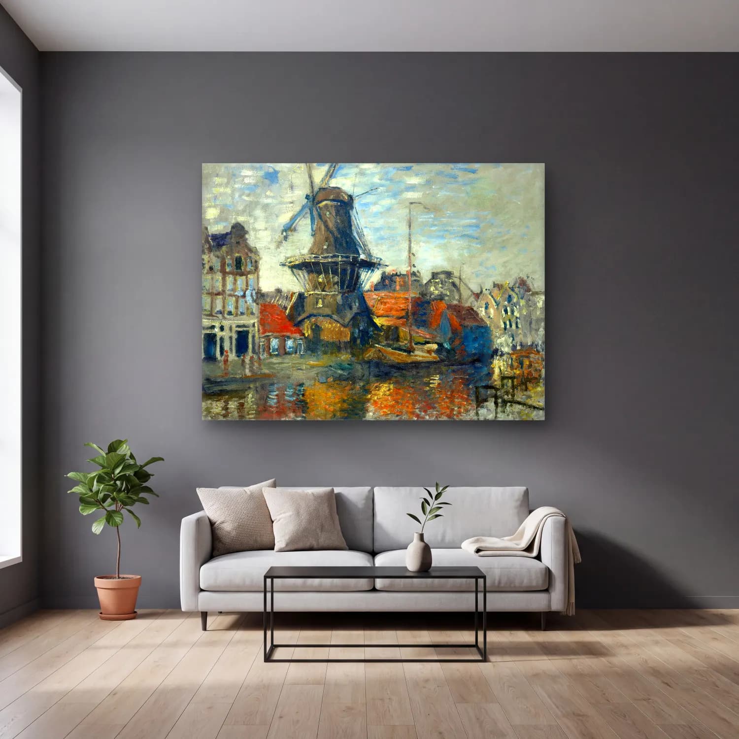 Claude Monet – Liman ve Tekneler No. 9 cam tablo — gri duvarlı salonda