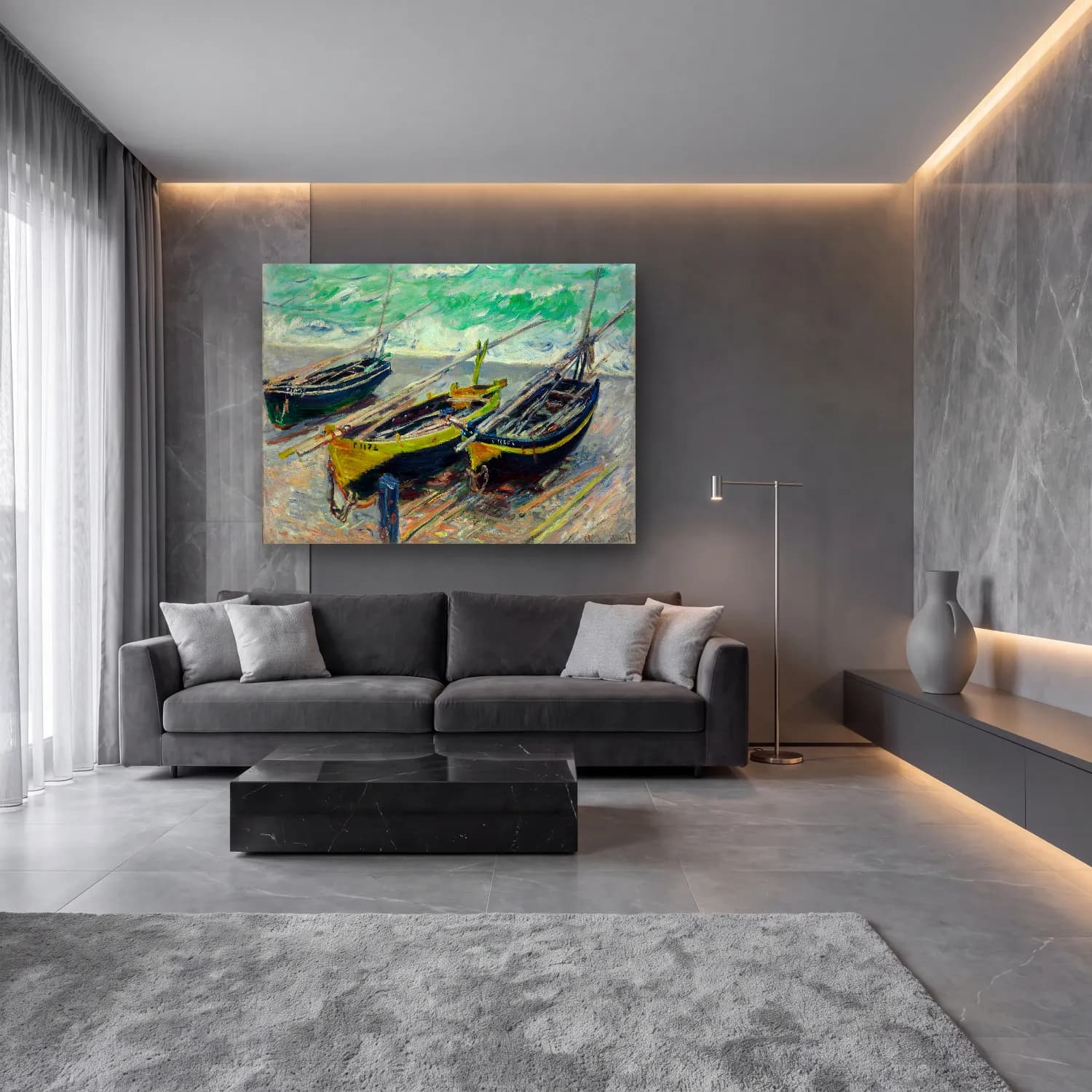 Claude Monet – Liman ve Tekneler – Yeşil Tonlar cam tablo — lüks salon duvarında