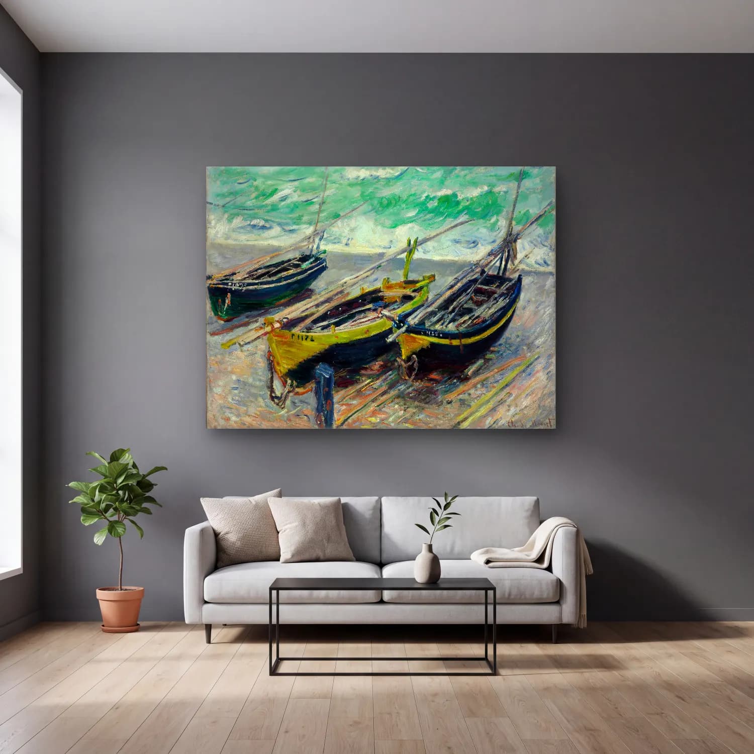 Claude Monet – Liman ve Tekneler – Yeşil Tonlar cam tablo — gri duvarlı salonda