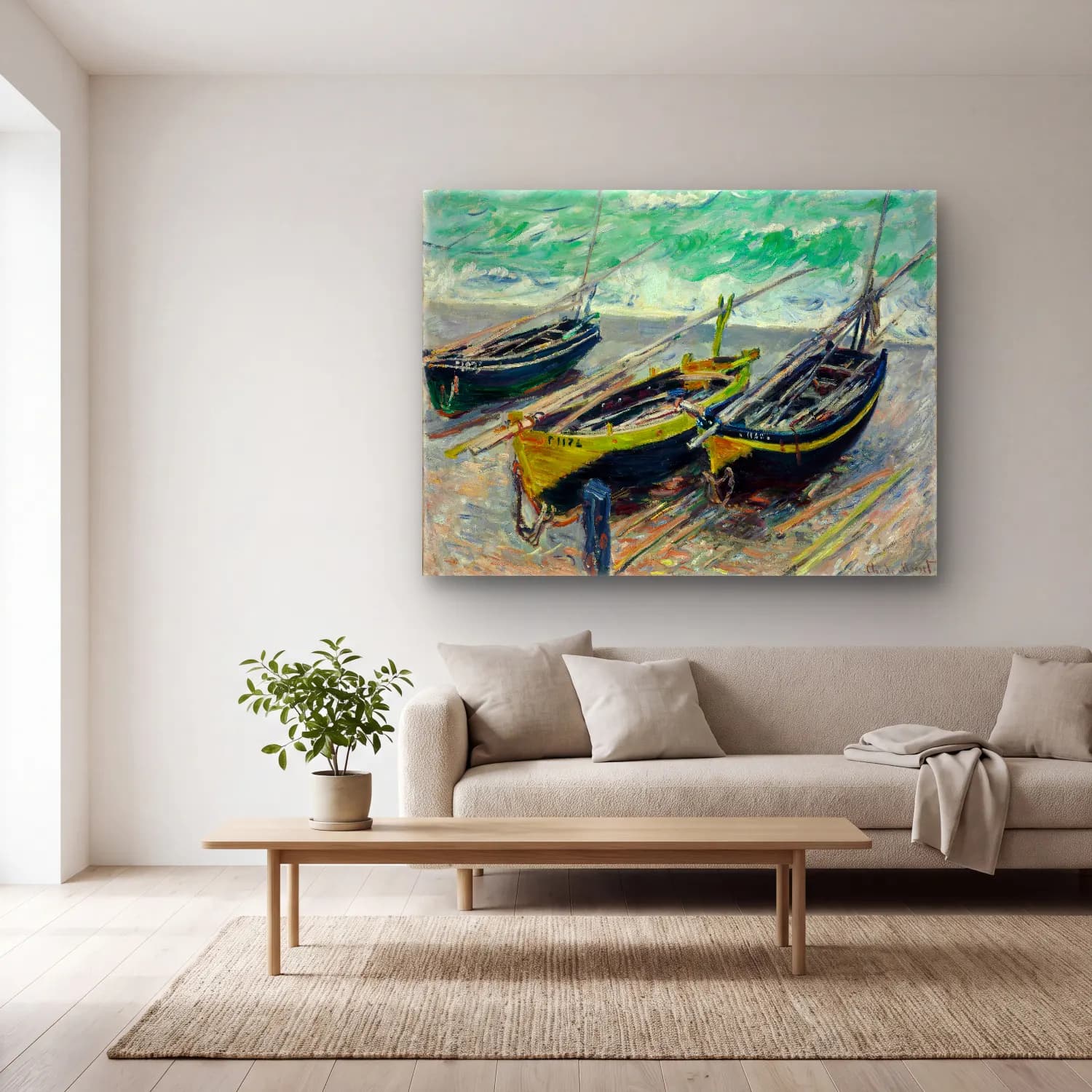 Claude Monet – Liman ve Tekneler – Yeşil Tonlar cam tablo — açık renk salonda