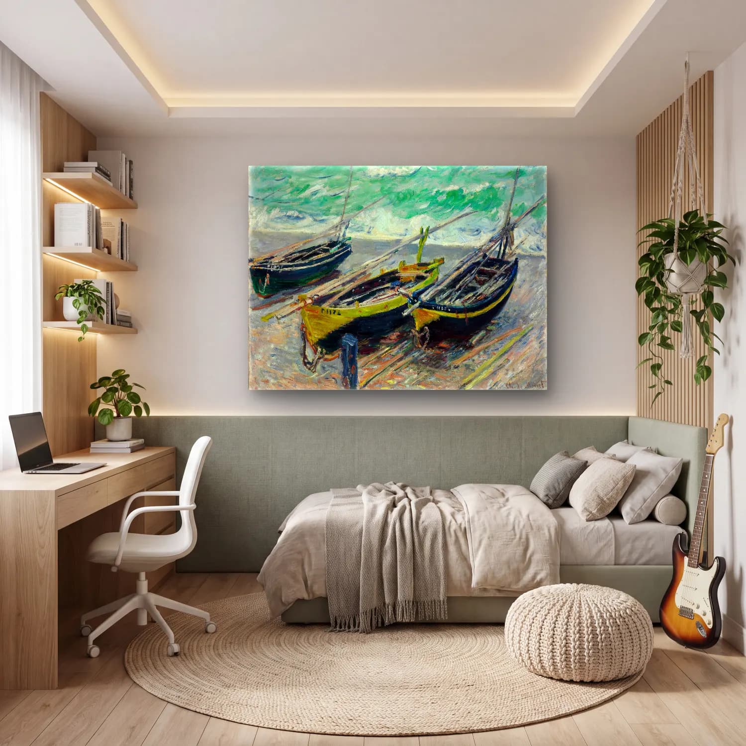 Claude Monet – Liman ve Tekneler – Yeşil Tonlar cam tablo — genç odasında