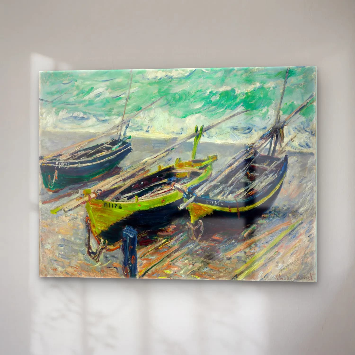 Claude Monet – Liman ve Tekneler – Yeşil Tonlar cam tablo — sağ açıdan görünüm