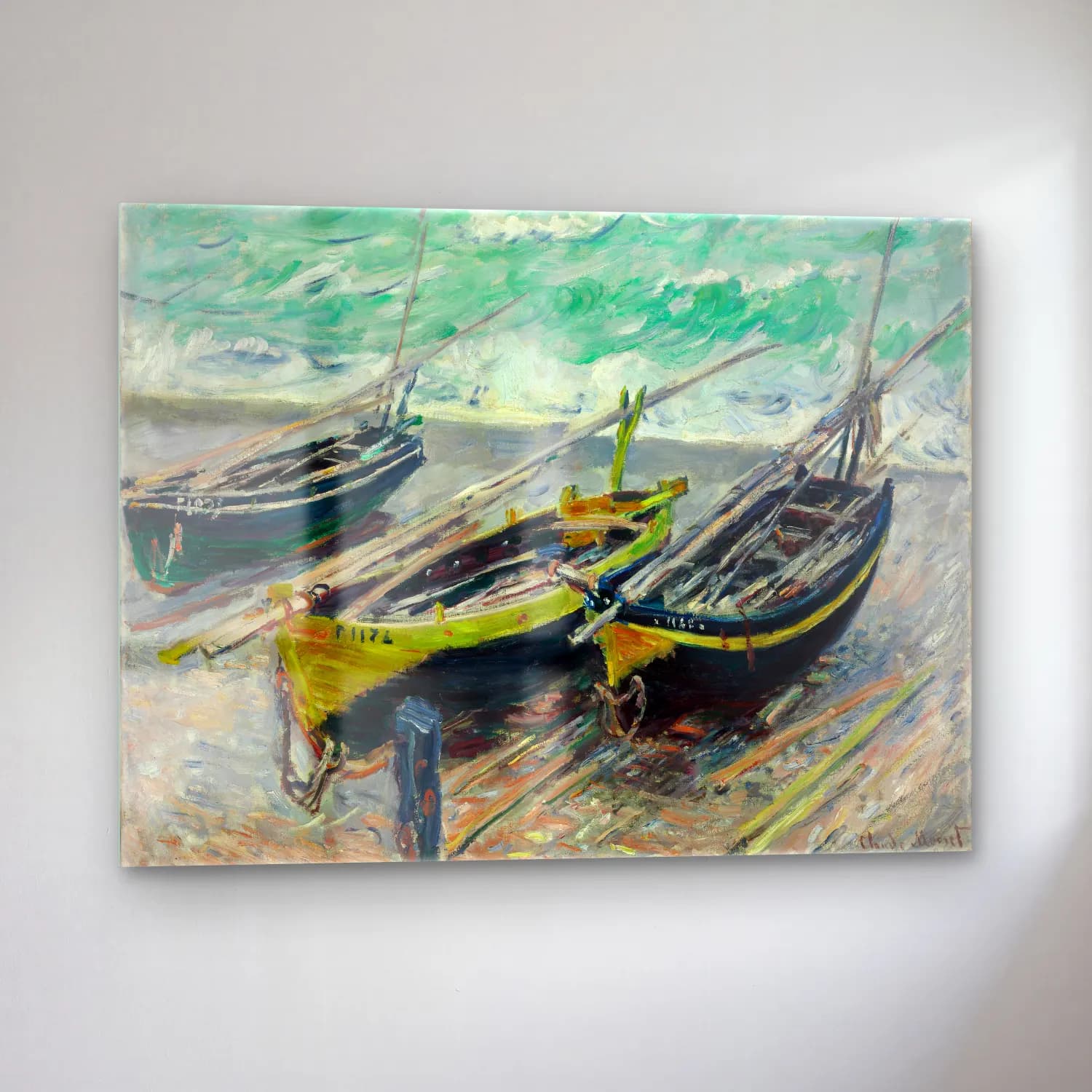 Claude Monet – Liman ve Tekneler – Yeşil Tonlar cam tablo — sol açıdan görünüm