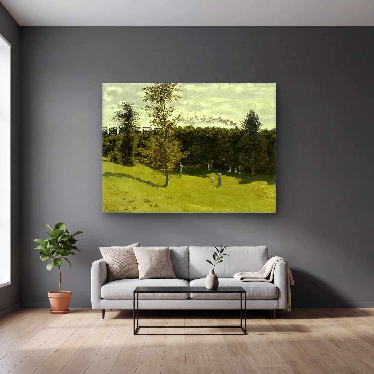 Claude Monet – Golf cam tablo — gri duvarlı salonda