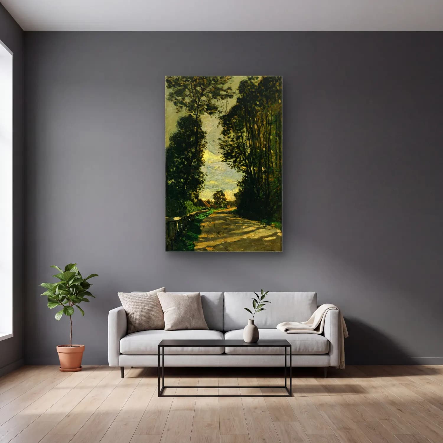 Claude Monet – Orman cam tablo — gri duvarlı salonda