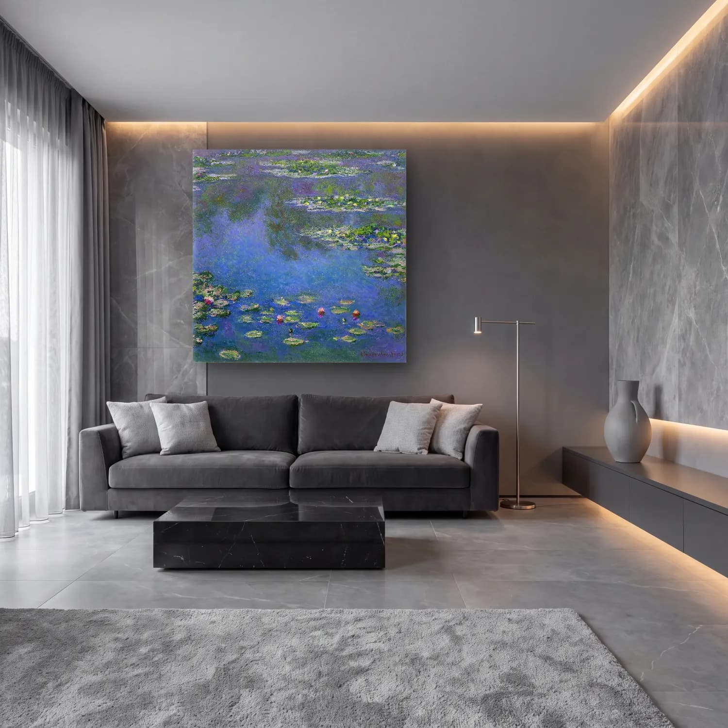 Claude Monet – Nilüfer Göleti No. 8 cam tablo — lüks salon duvarında