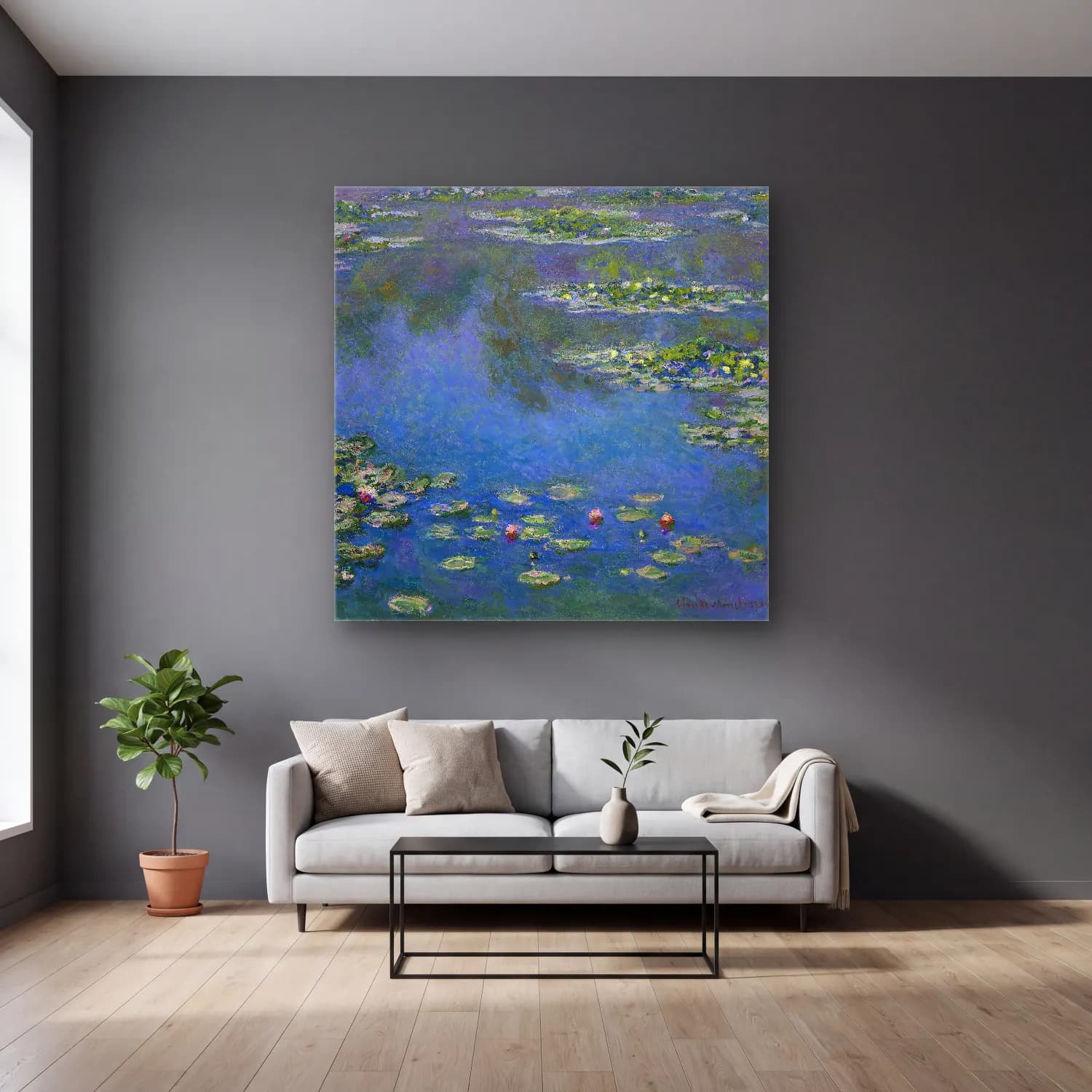 Claude Monet – Nilüfer Göleti No. 8 cam tablo — gri duvarlı salonda