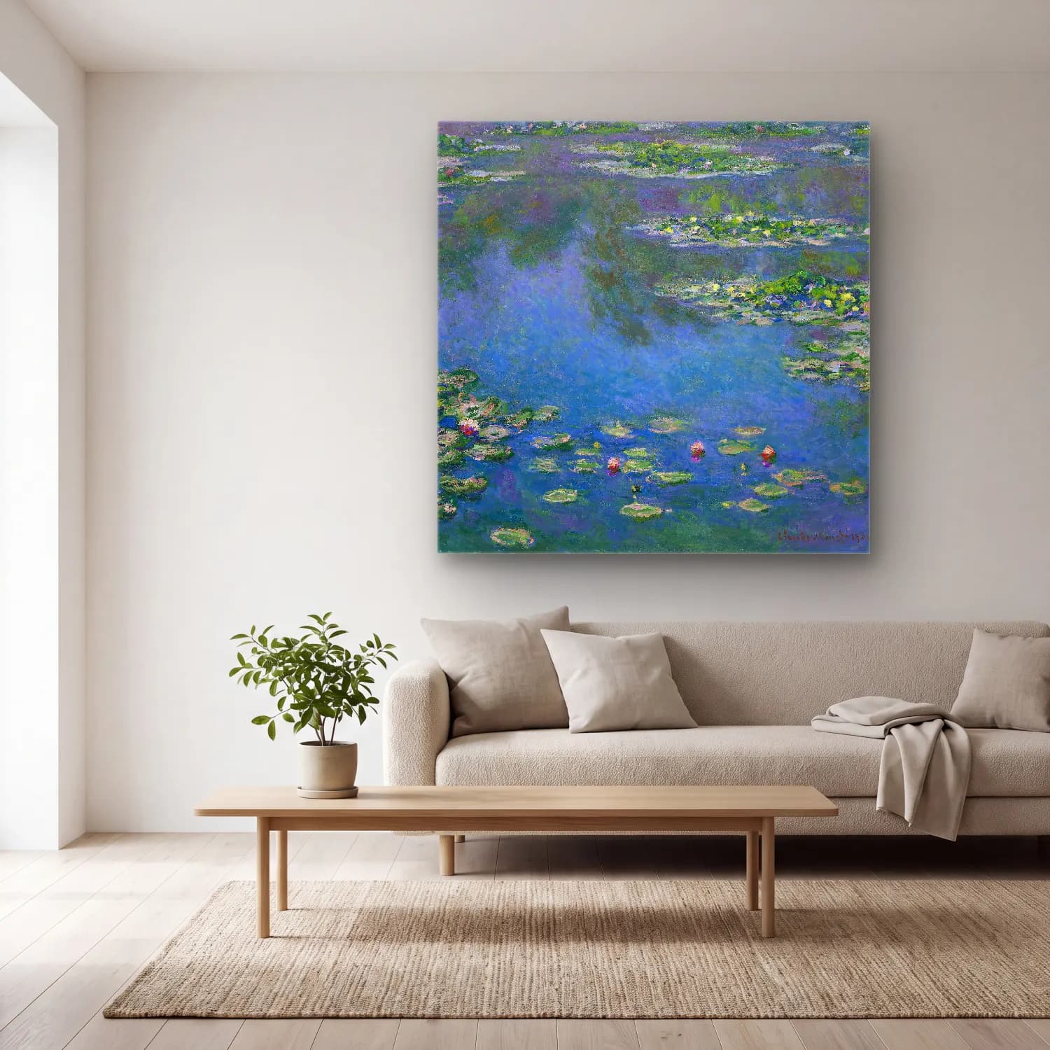 Claude Monet – Nilüfer Göleti No. 8 cam tablo — açık renk salonda