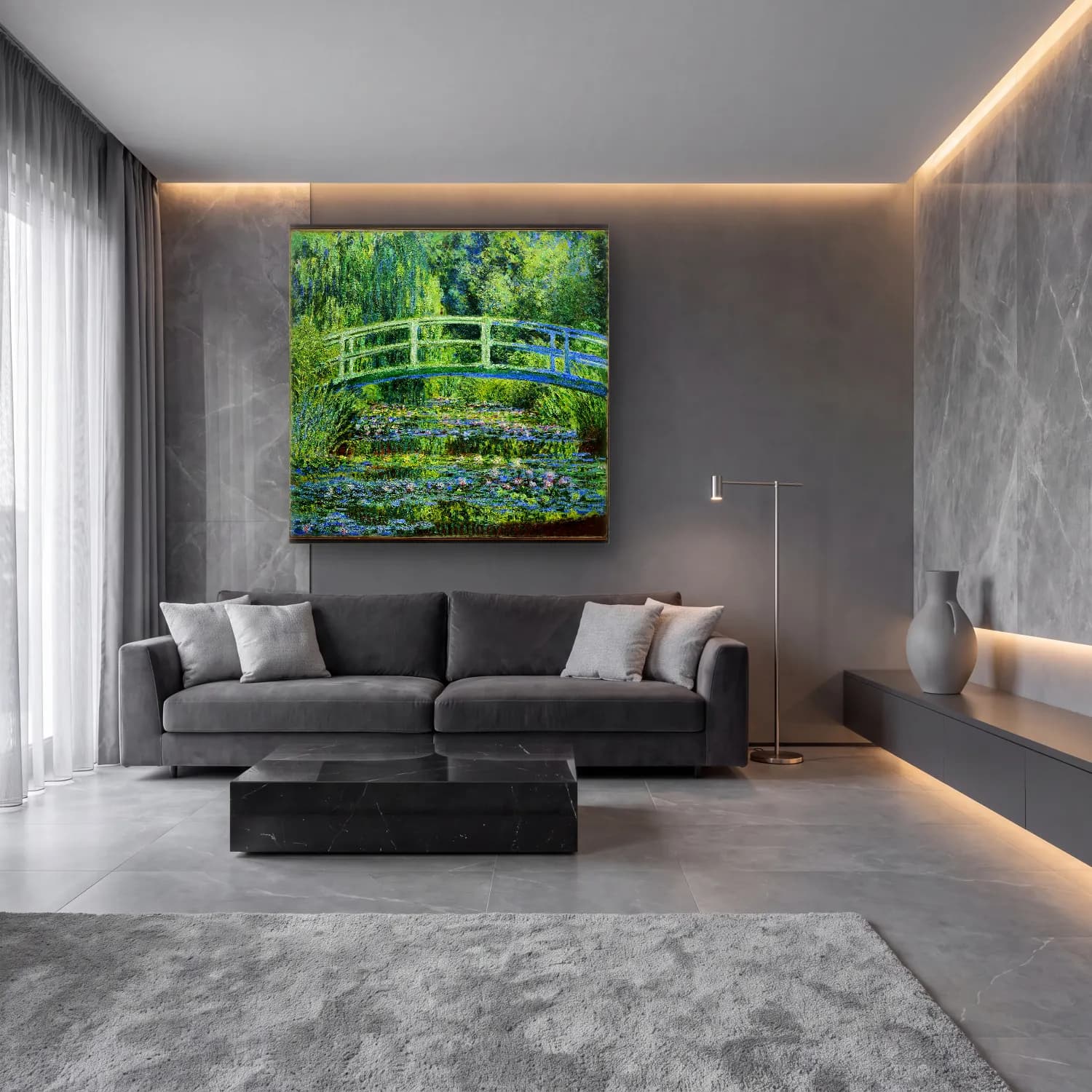 Claude Monet – Nilüfer Göleti No. 9 cam tablo — lüks salon duvarında