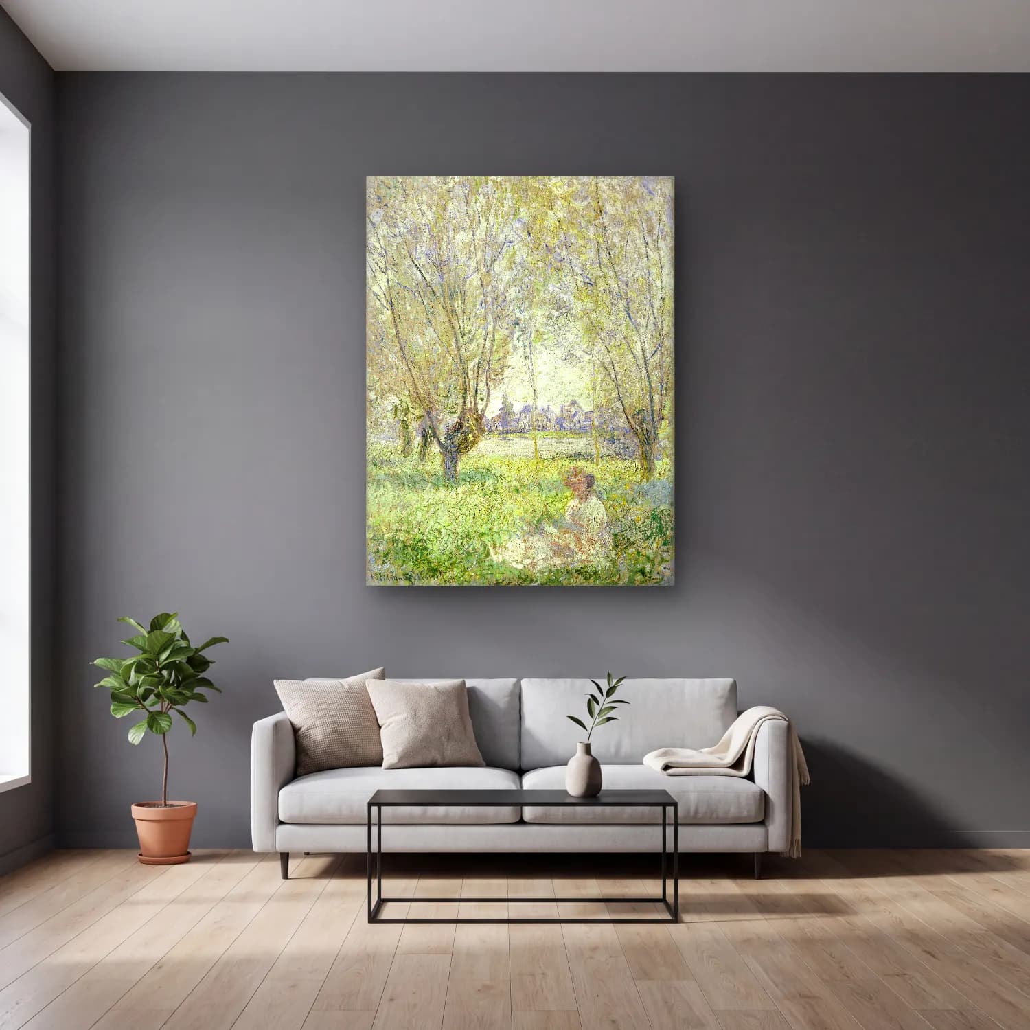 Claude Monet – Kır Evi – Pastel Tonlar cam tablo — gri duvarlı salonda