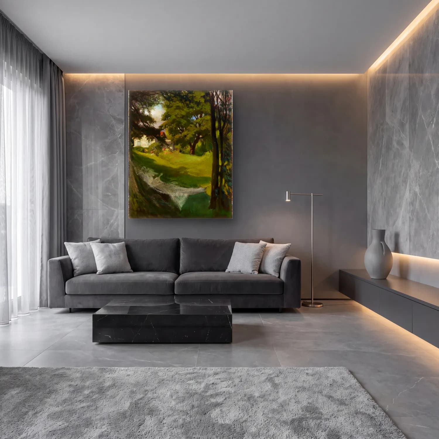 Yağlı Boya Kırda Nehir No. 41 cam tablo — lüks salon duvarında