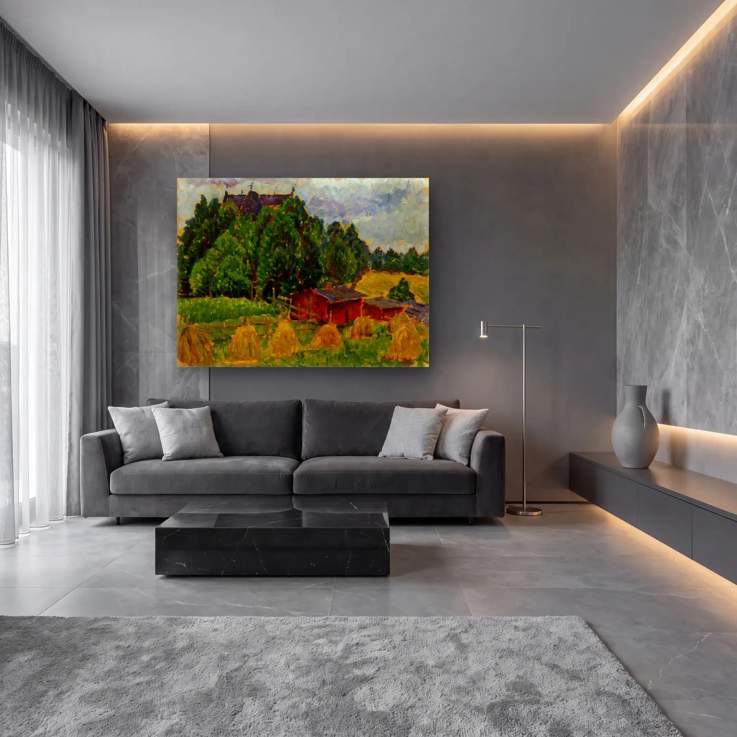 Yağlı Boya Kır Evi No. 36 cam tablo — lüks salon duvarında